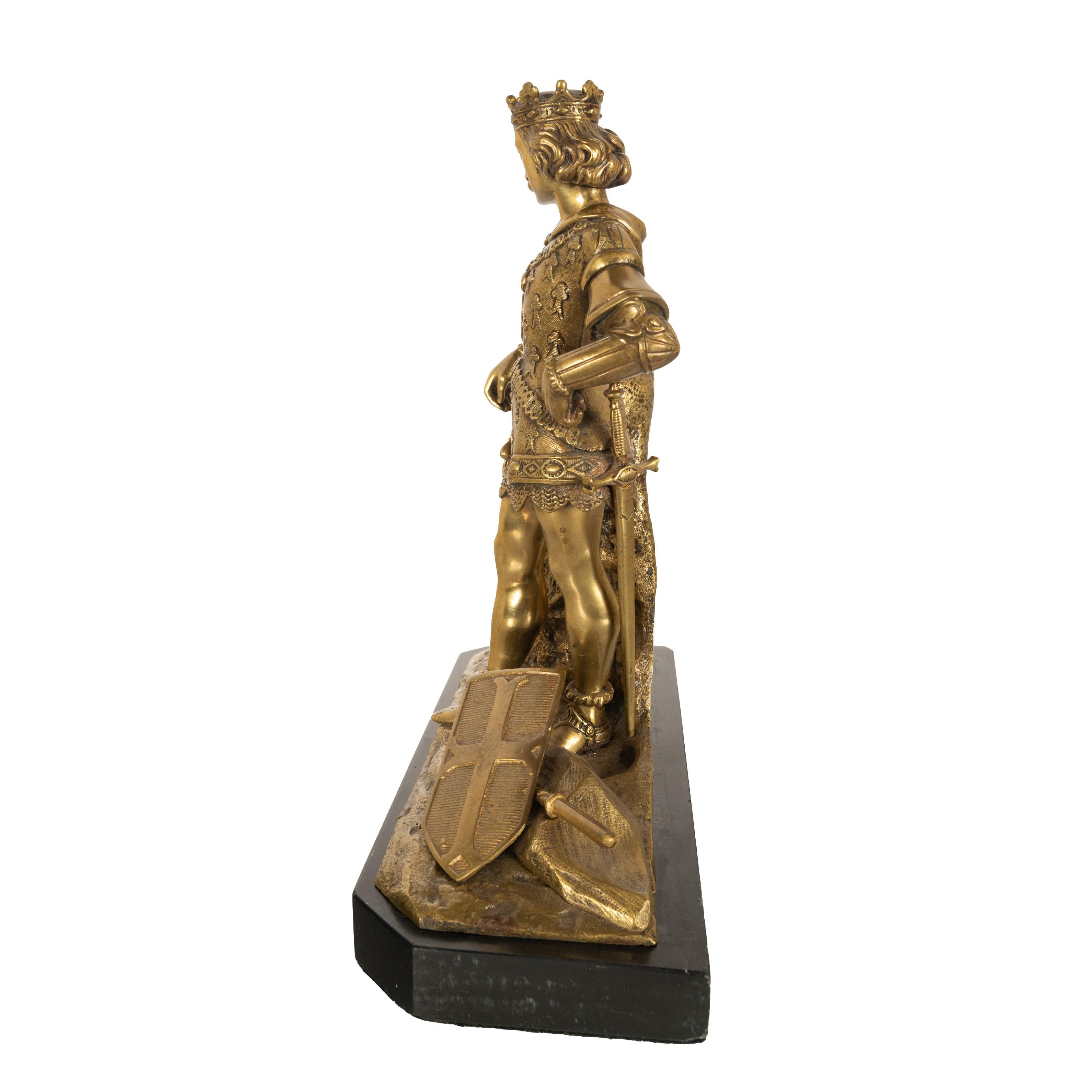 Marmo Antique French Bronzo dorato Statua medievale Re Luigi VII Cavaliere Templare 1880 in vendita