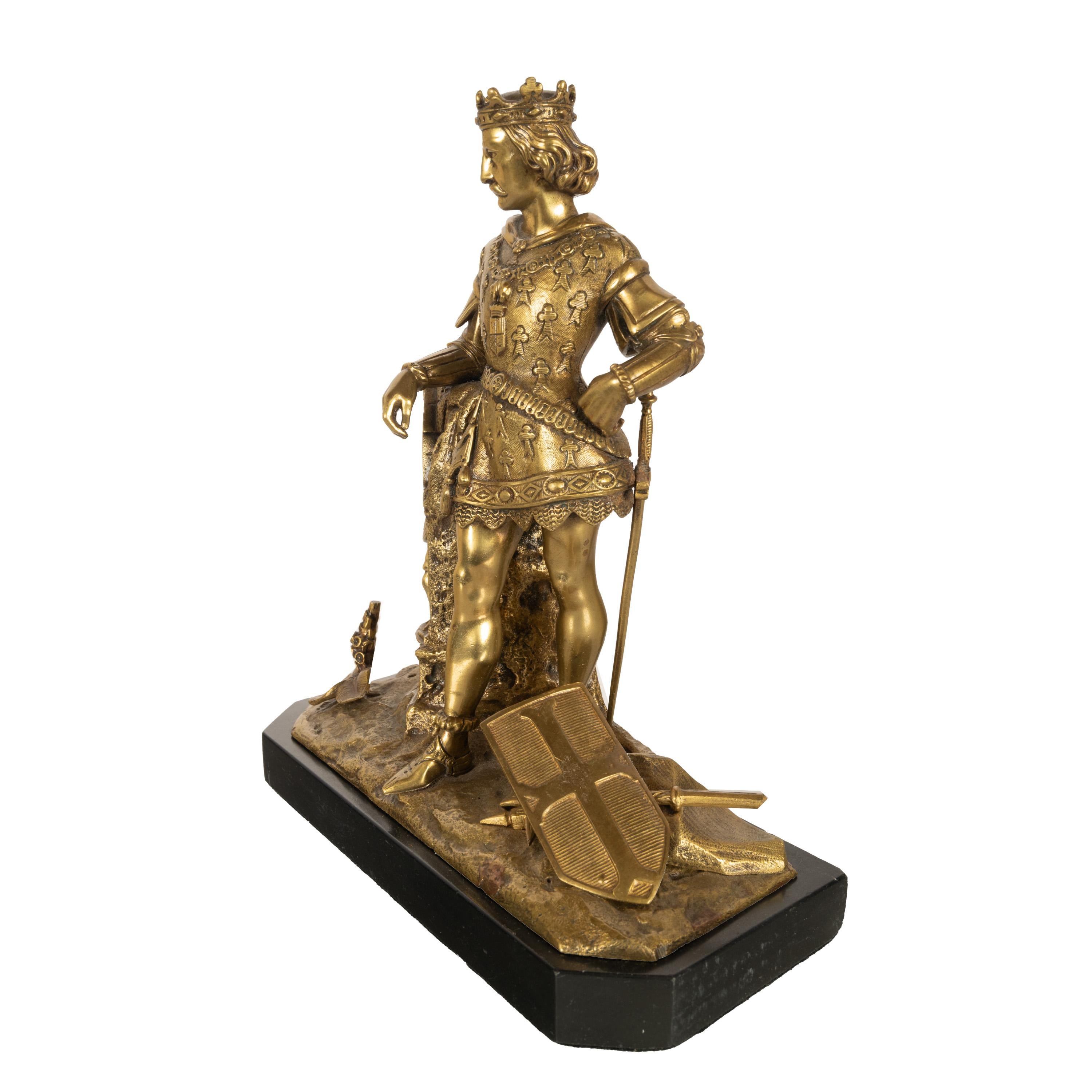 Antique French Bronzo dorato Statua medievale Re Luigi VII Cavaliere Templare 1880 in vendita 1