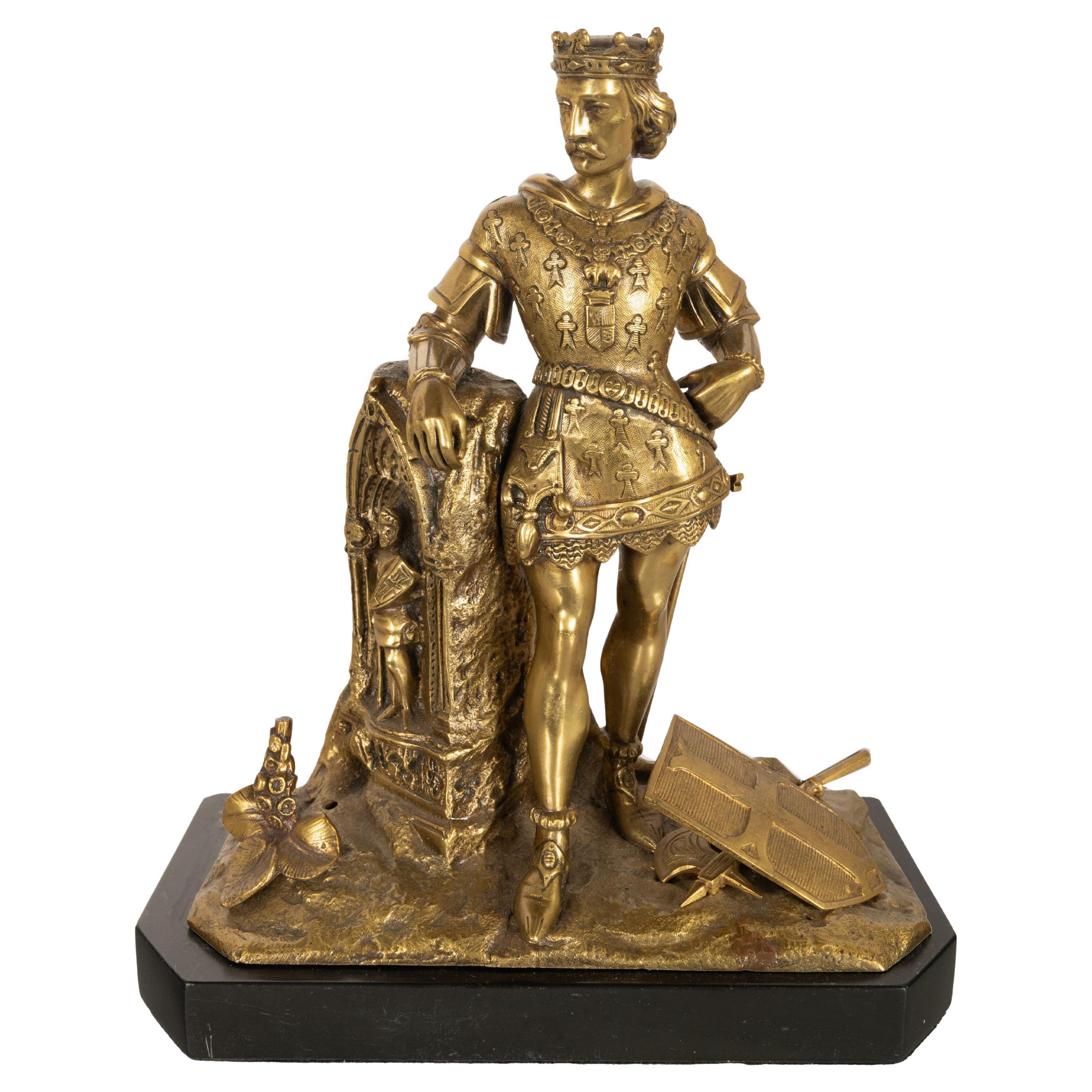 Antique French Bronzo dorato Statua medievale Re Luigi VII Cavaliere Templare 1880