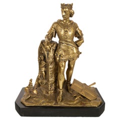 Antique French Gilt Bronze Statue Medieval King Louis VII Knight Templar 1880