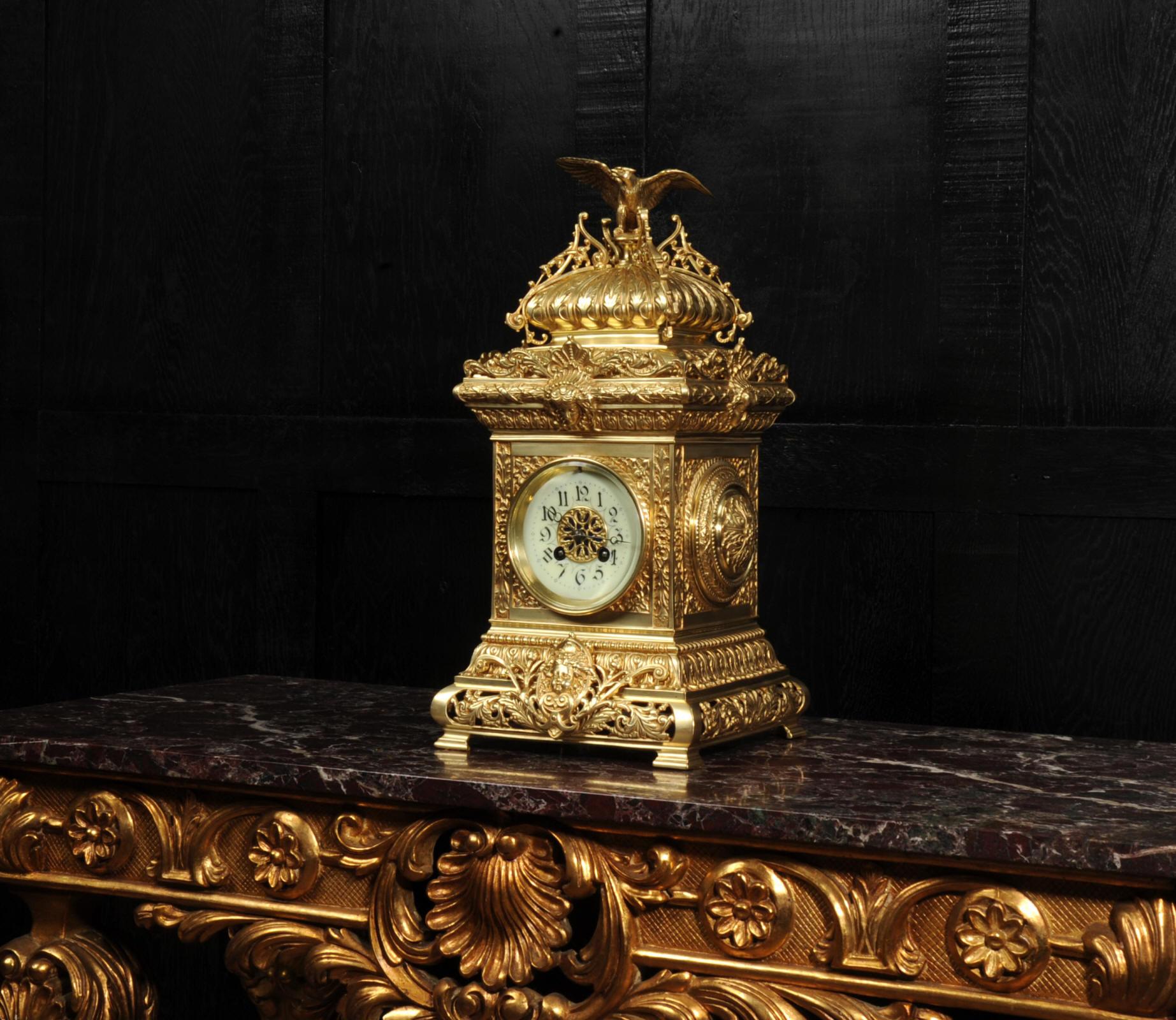Neoclassical Antique French Gilt Bronze Table Clock - Eagle