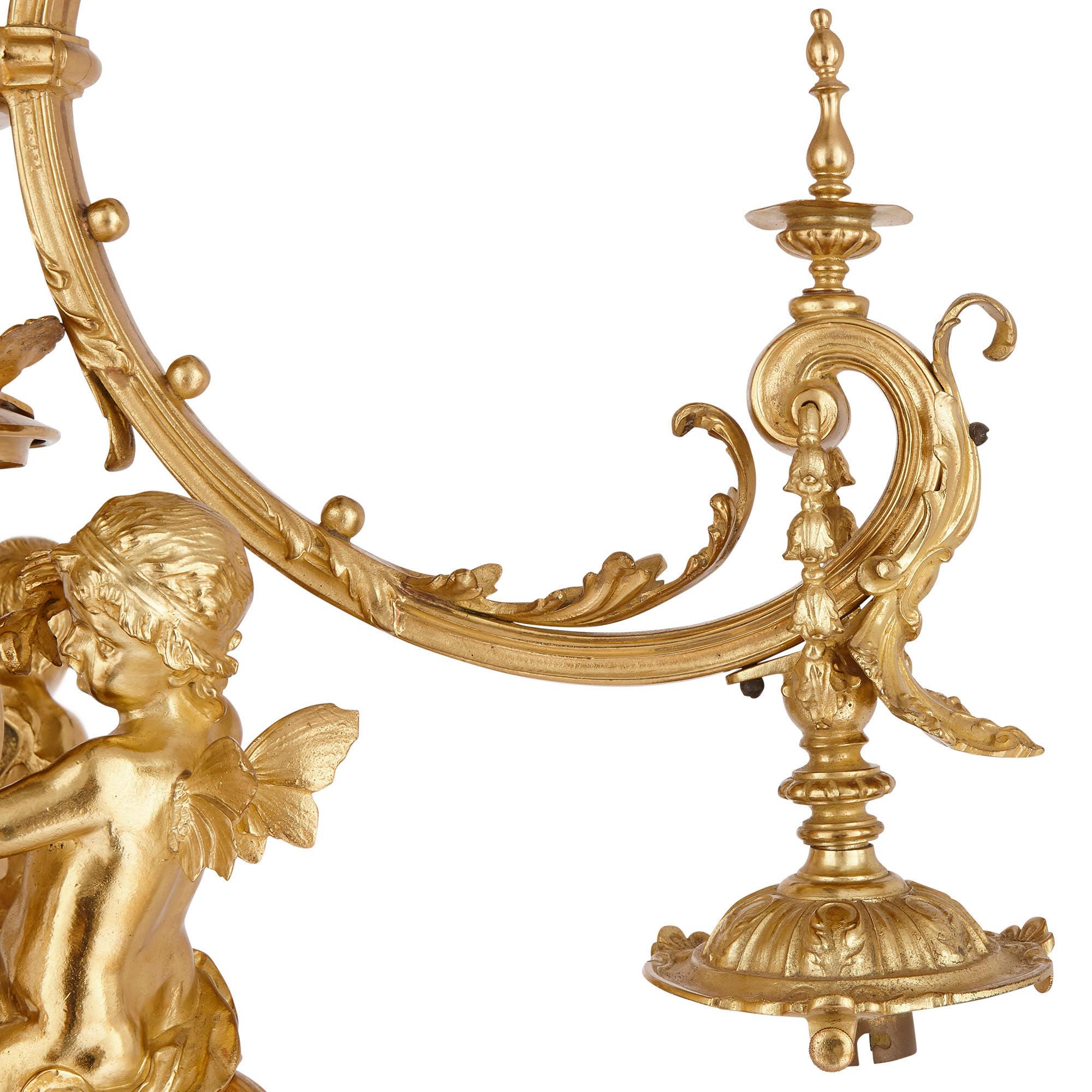 Belle Époque Antique French Gilt Bronze Three-Branch Chandelier For Sale
