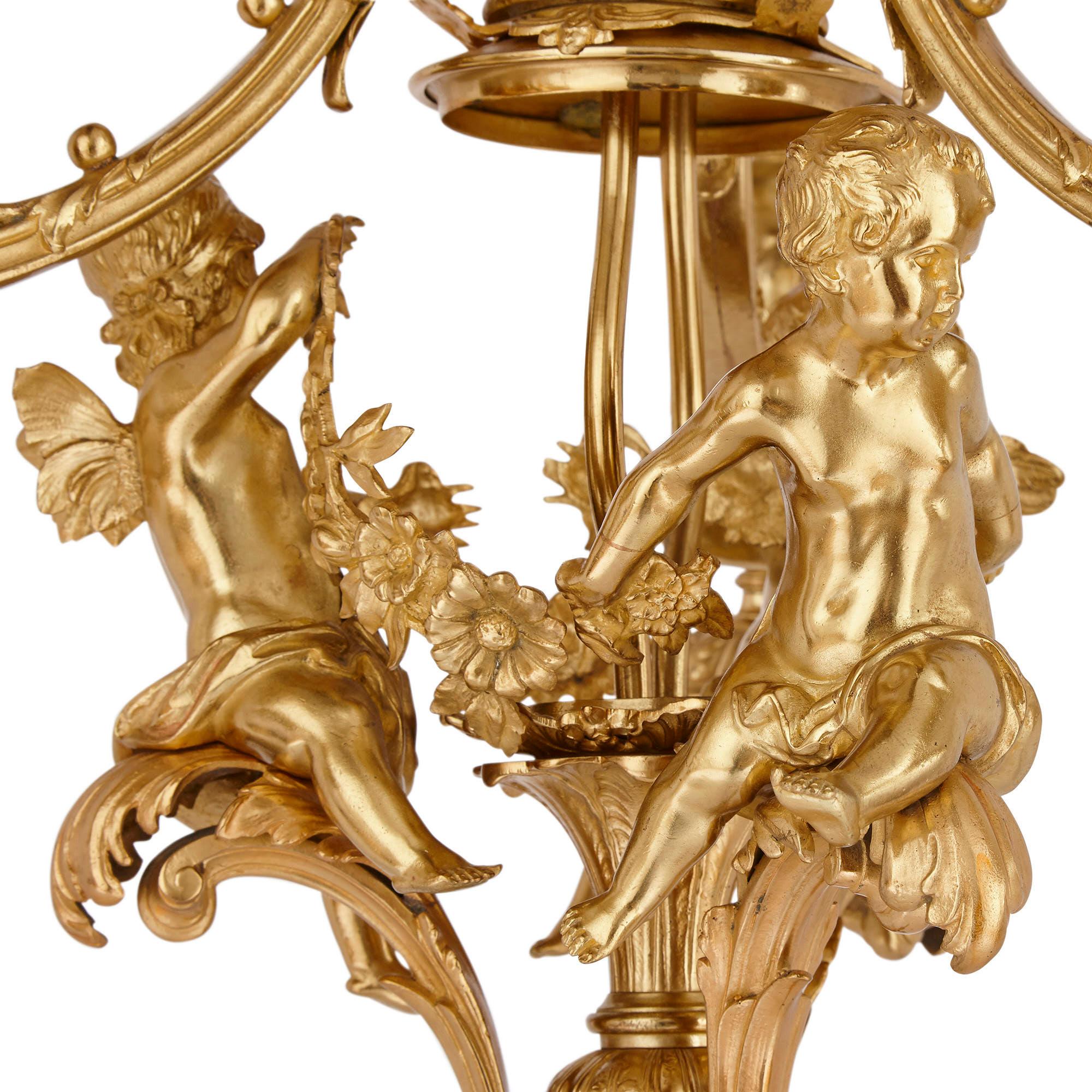Antique French Gilt Bronze Three-Branch Chandelier In Good Condition For Sale In London, GB