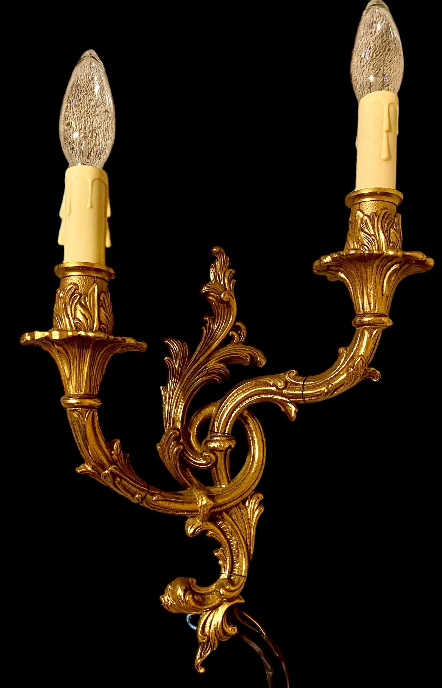 Antique French Gilt Bronze Two Arm Sconce With Ivory Silk Shades For Sale 5