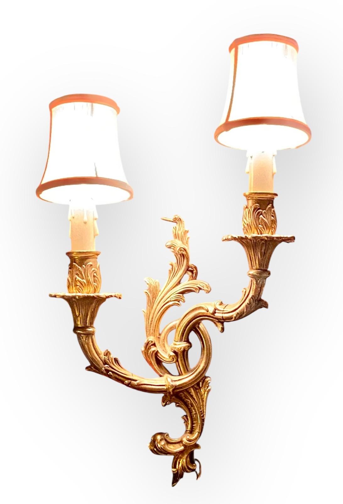 Antique French Gilt Bronze Two Arm Sconce With Ivory Silk Shades For Sale 6