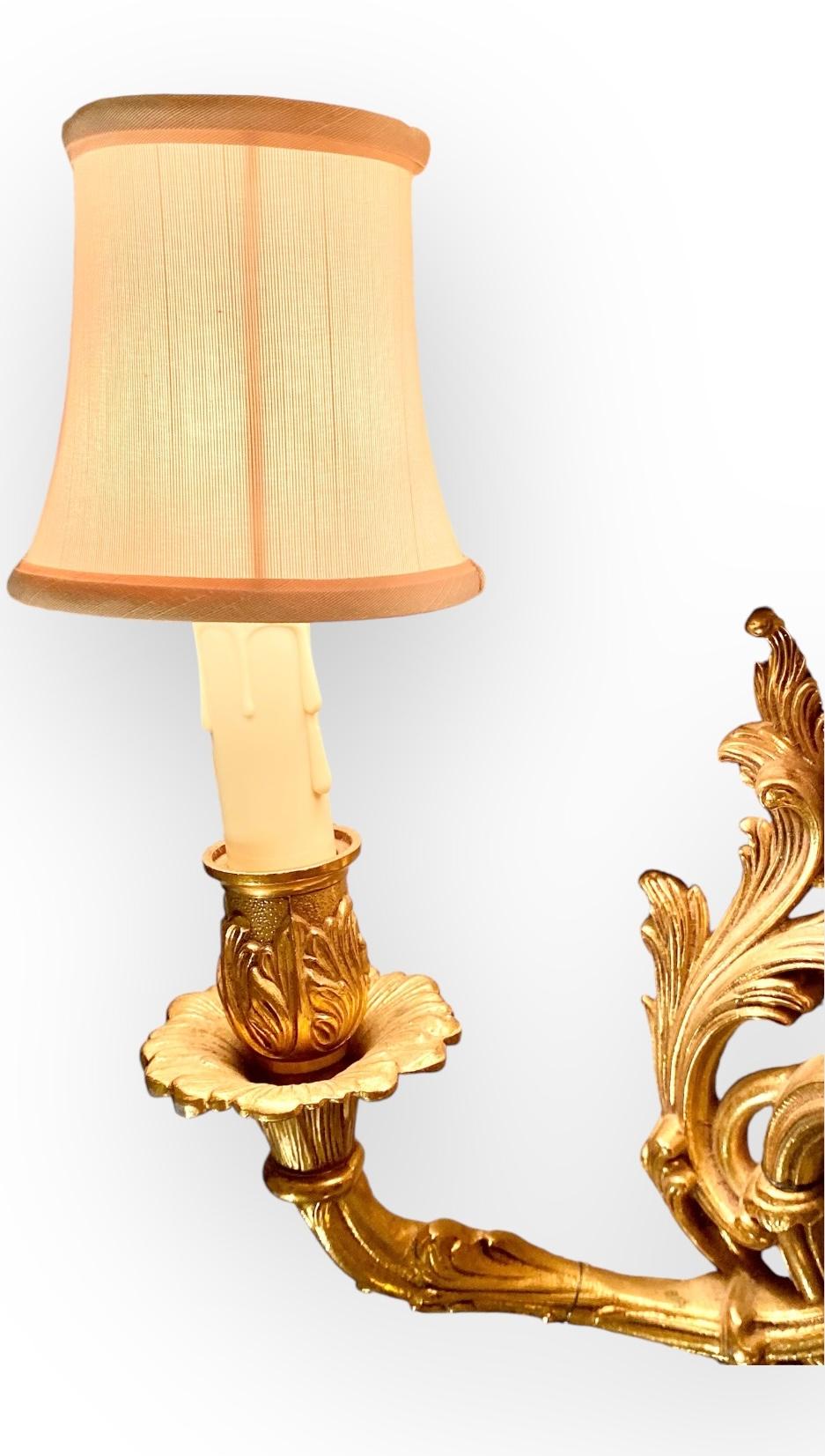 Louis XV Antique French Gilt Bronze Two Arm Sconce With Ivory Silk Shades For Sale