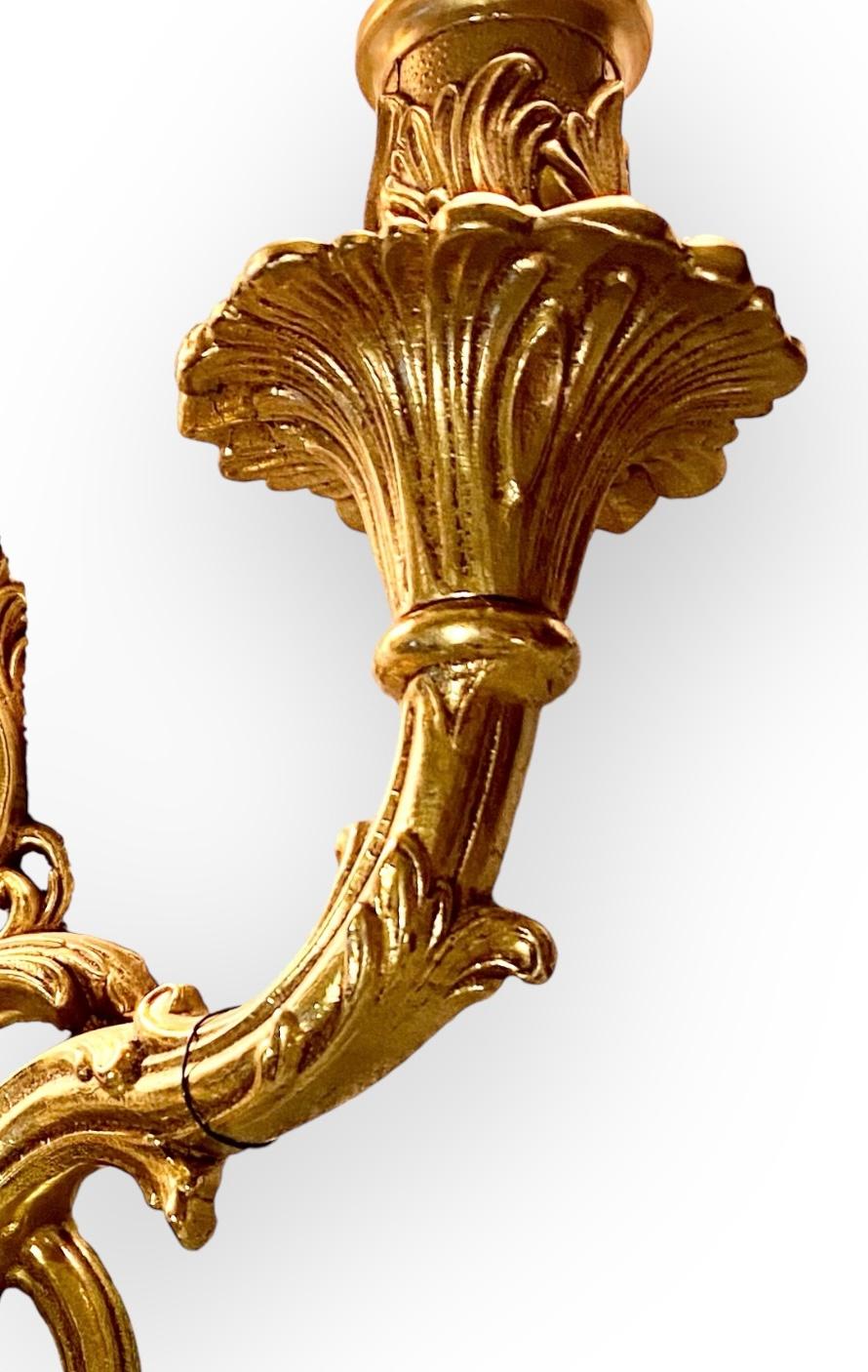 Early 20th Century Antique French Gilt Bronze Two Arm Sconce With Ivory Silk Shades For Sale
