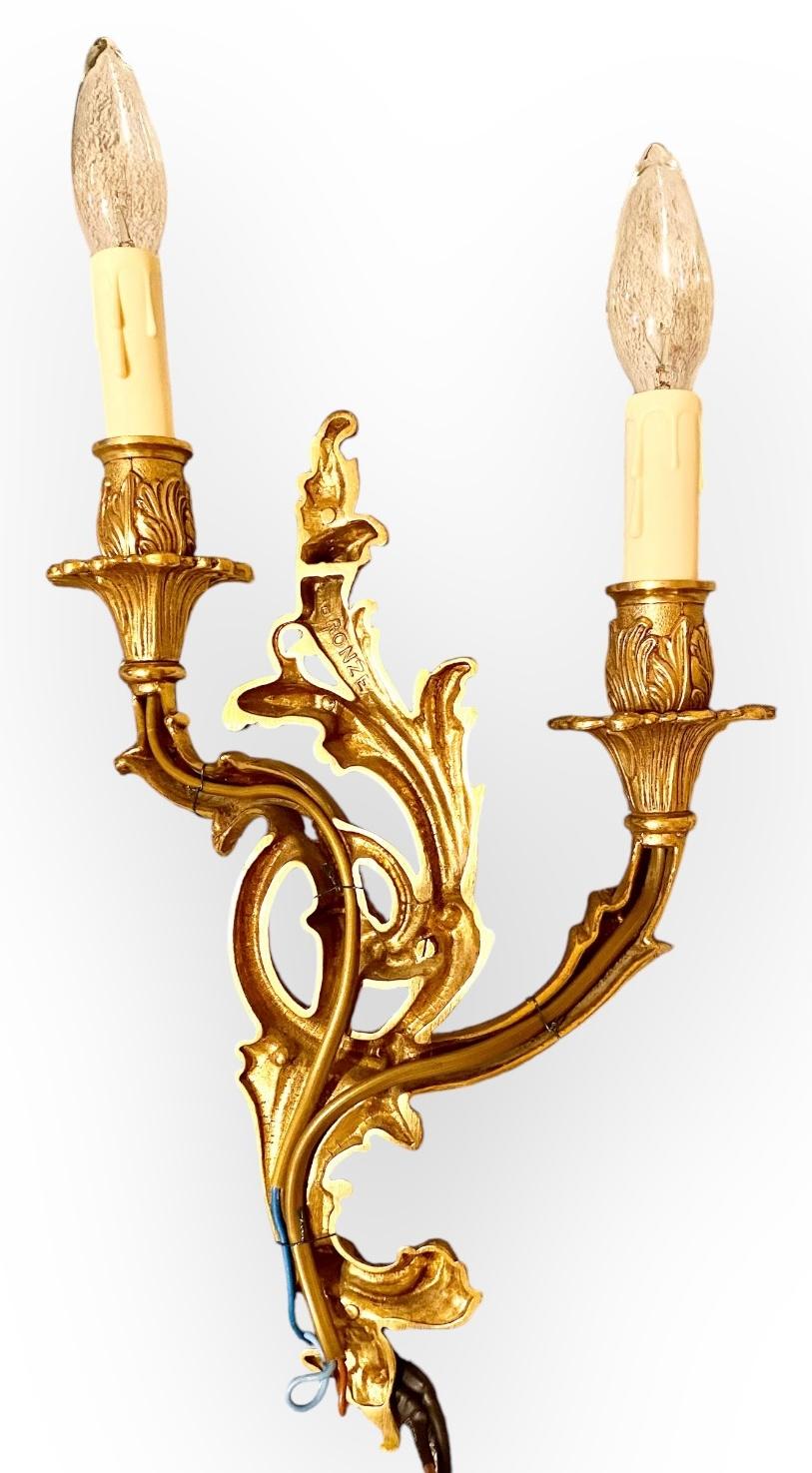 Antique French Gilt Bronze Two Arm Sconce With Ivory Silk Shades For Sale 1