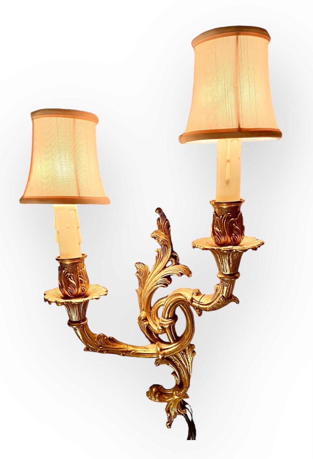 Antique French Gilt Bronze Two Arm Sconce With Ivory Silk Shades For Sale 3