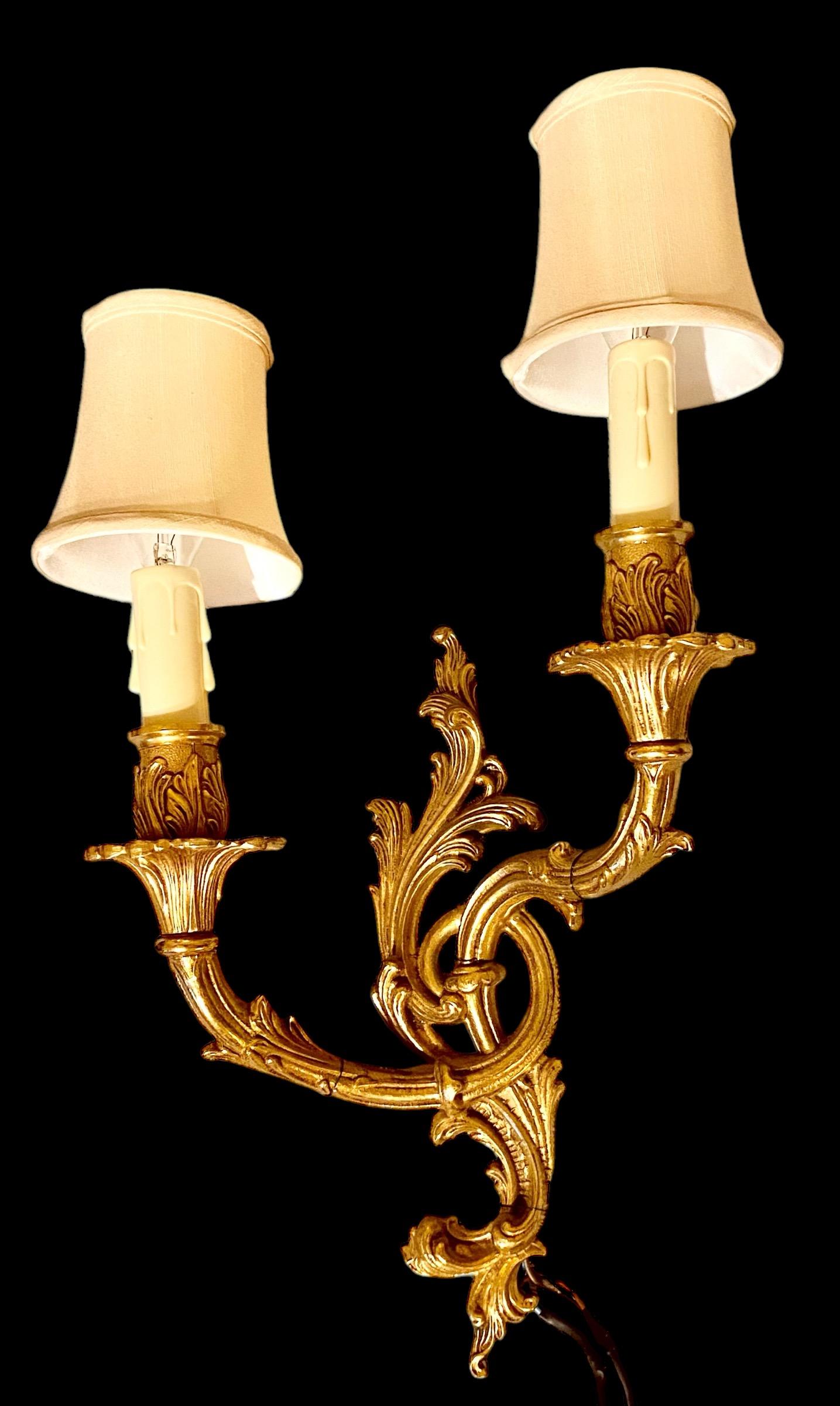 Antique French Gilt Bronze Two Arm Sconce With Ivory Silk Shades For Sale 4