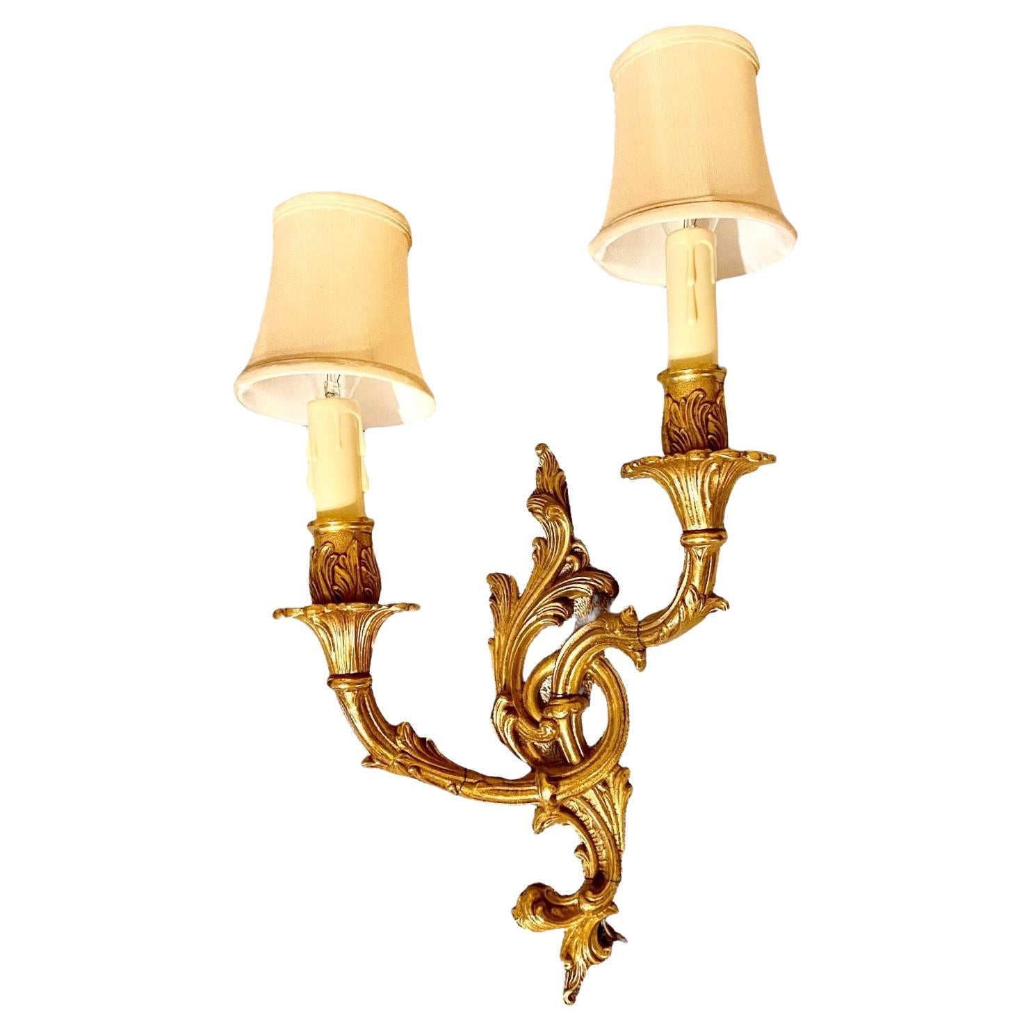 Antique French Gilt Bronze Two Arm Sconce With Ivory Silk Shades