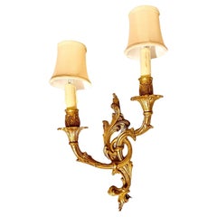 Antique French Gilt Bronze Two Arm Sconce With Ivory Silk Shades