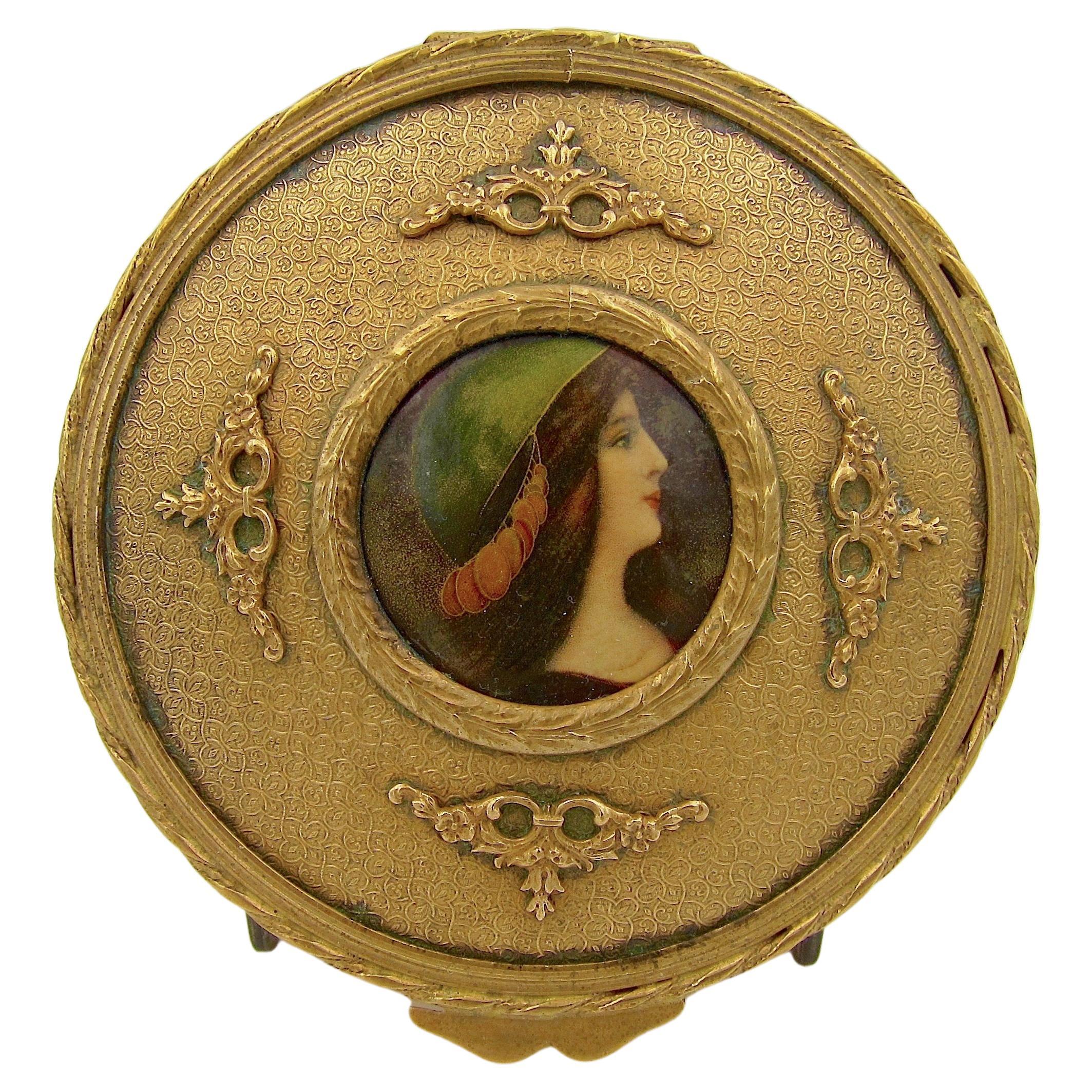 Antique French Gilt Bronze Vanity Box with an Enamel Portrait