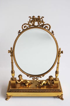 Antique Gilt Bronze Vanity Table Mirror Oval Mirror and Cherubs, circa 1900