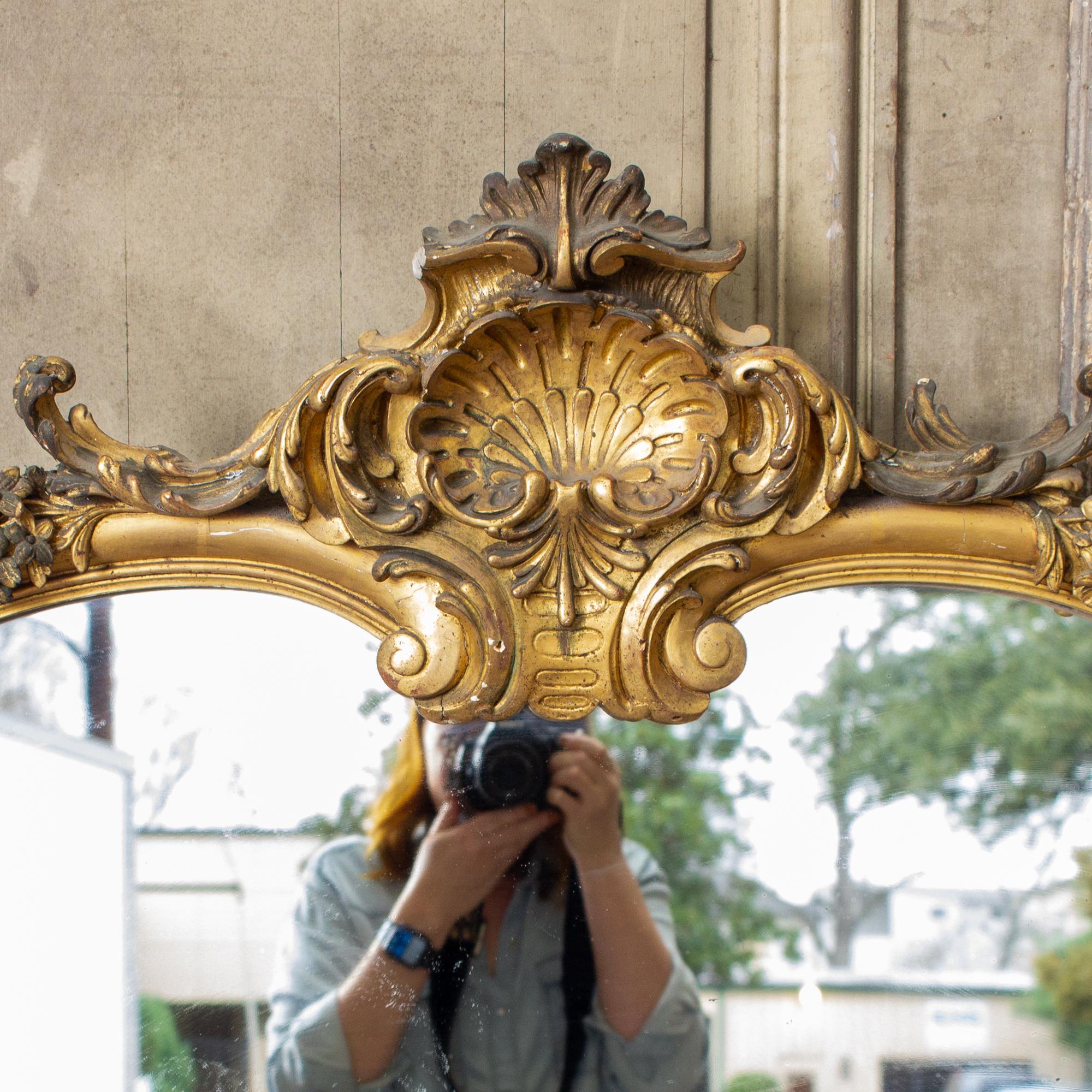 Rococo Antique Gilt Full-Length Mirror with Decorative Carvings and Shell Cartouche