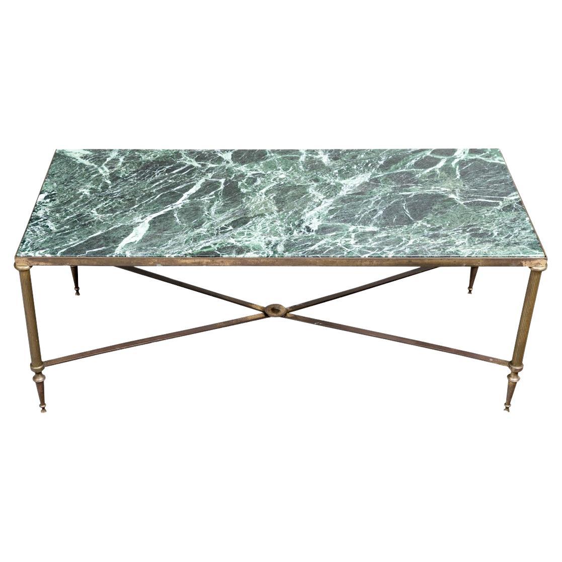 Antique French Gilt Iron Coffee Table With Verdigis  Marble Top, Circa 1920 For Sale