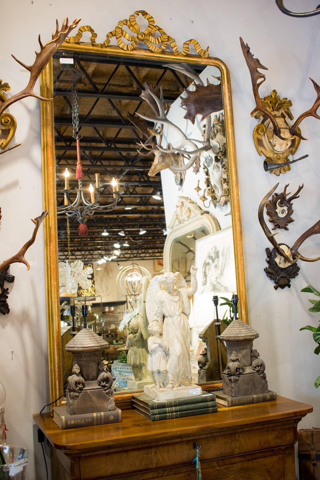 Antique French Gilt Louis Philippe Floor Mirror with Carved Bow at