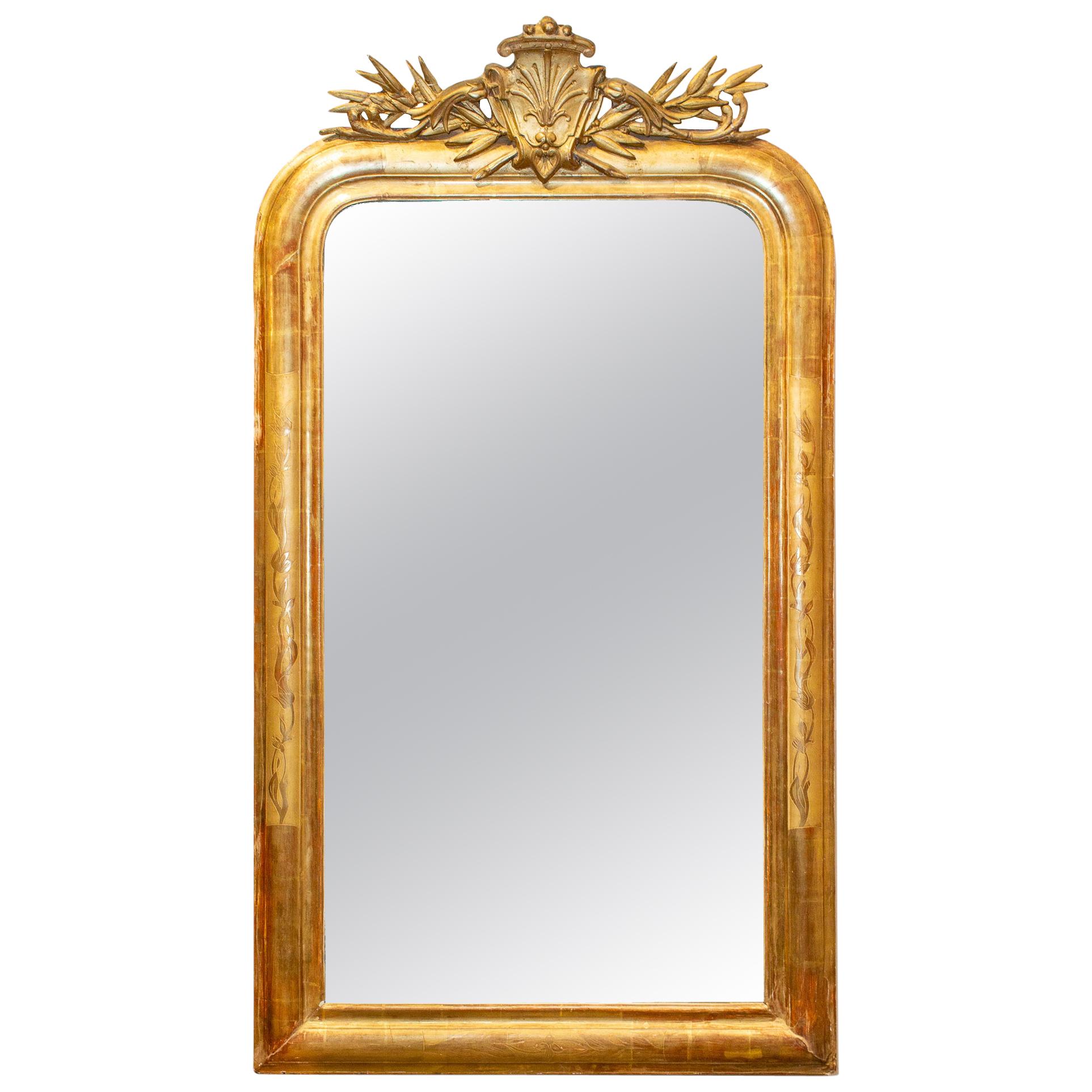 Antique French Gilt Louis Philippe Mirror with Ornate Cartouche and Floral Frame