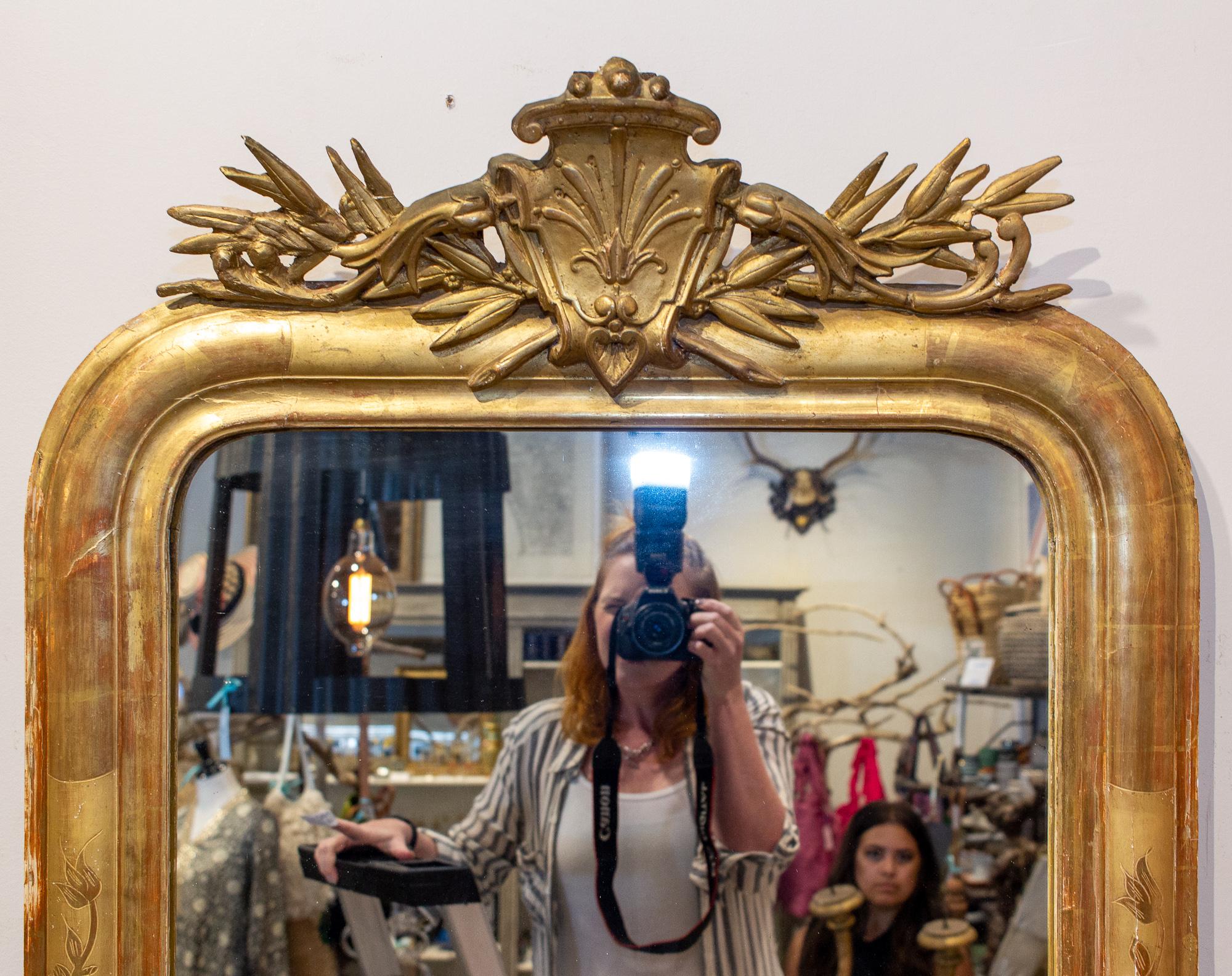 19th Century Antique French Gilt Louis Philippe Mirror with Ornate Cartouche and Floral Frame