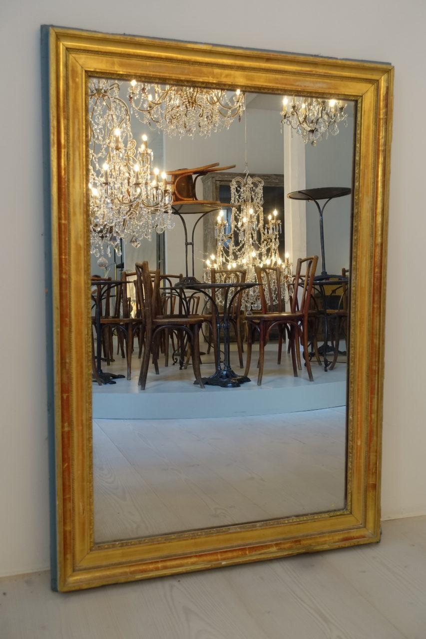 Stunning antique mantlepiece mirror from circa 1850s, France. Originally part of a larger composite decorated / blue toned panel, which would have been typical as a fireplace surround. The original mercury mirror glass is encircled by a beautiful