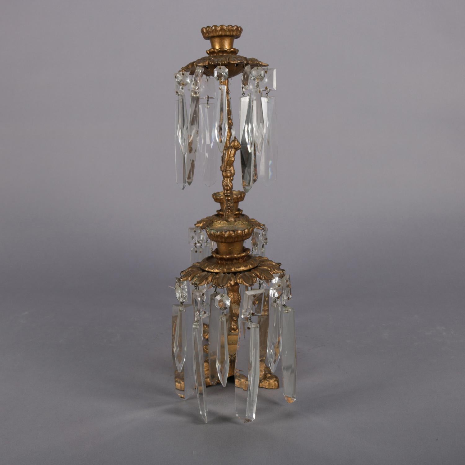 Antique French Gilt Metal and Crystal Figural Three-Light Girandole Candelabra 4