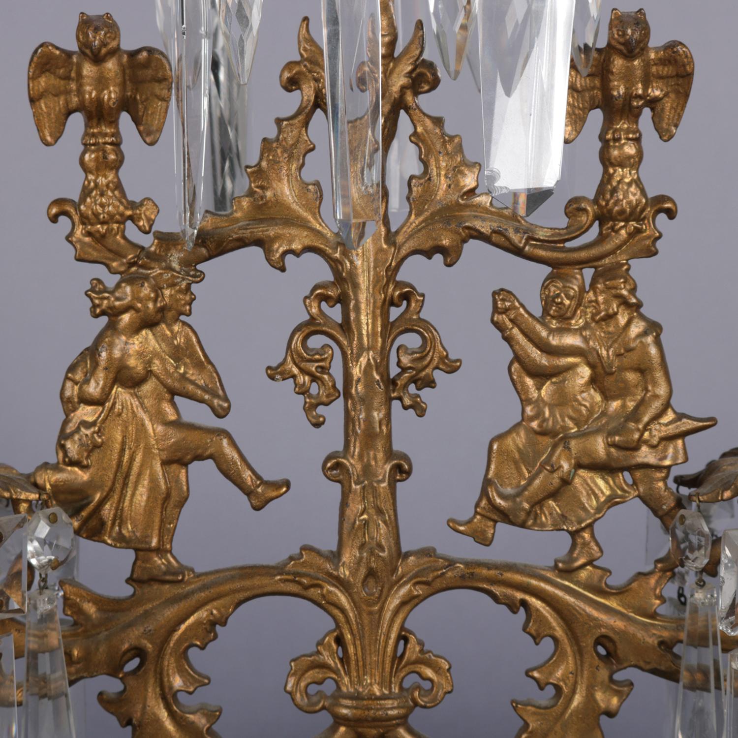 Antique French Gilt Metal and Crystal Figural Three-Light Girandole Candelabra In Good Condition In Big Flats, NY