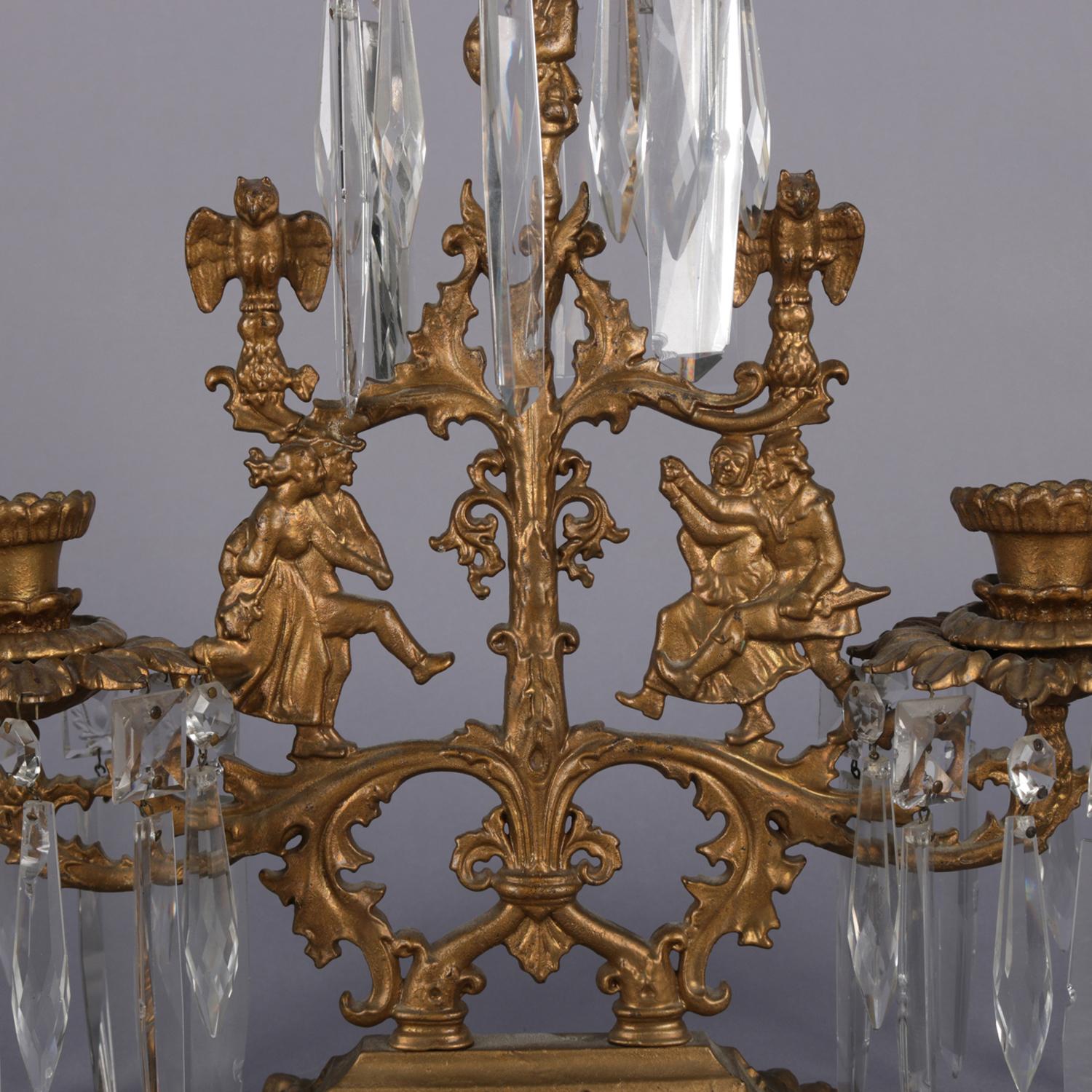 19th Century Antique French Gilt Metal and Crystal Figural Three-Light Girandole Candelabra