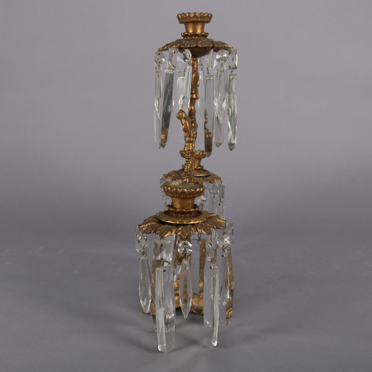 Antique French Gilt Metal and Crystal Figural Three-Light Girandole Candelabra 2