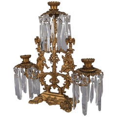 Antique French Gilt Metal and Crystal Figural Three-Light Girandole Candelabra