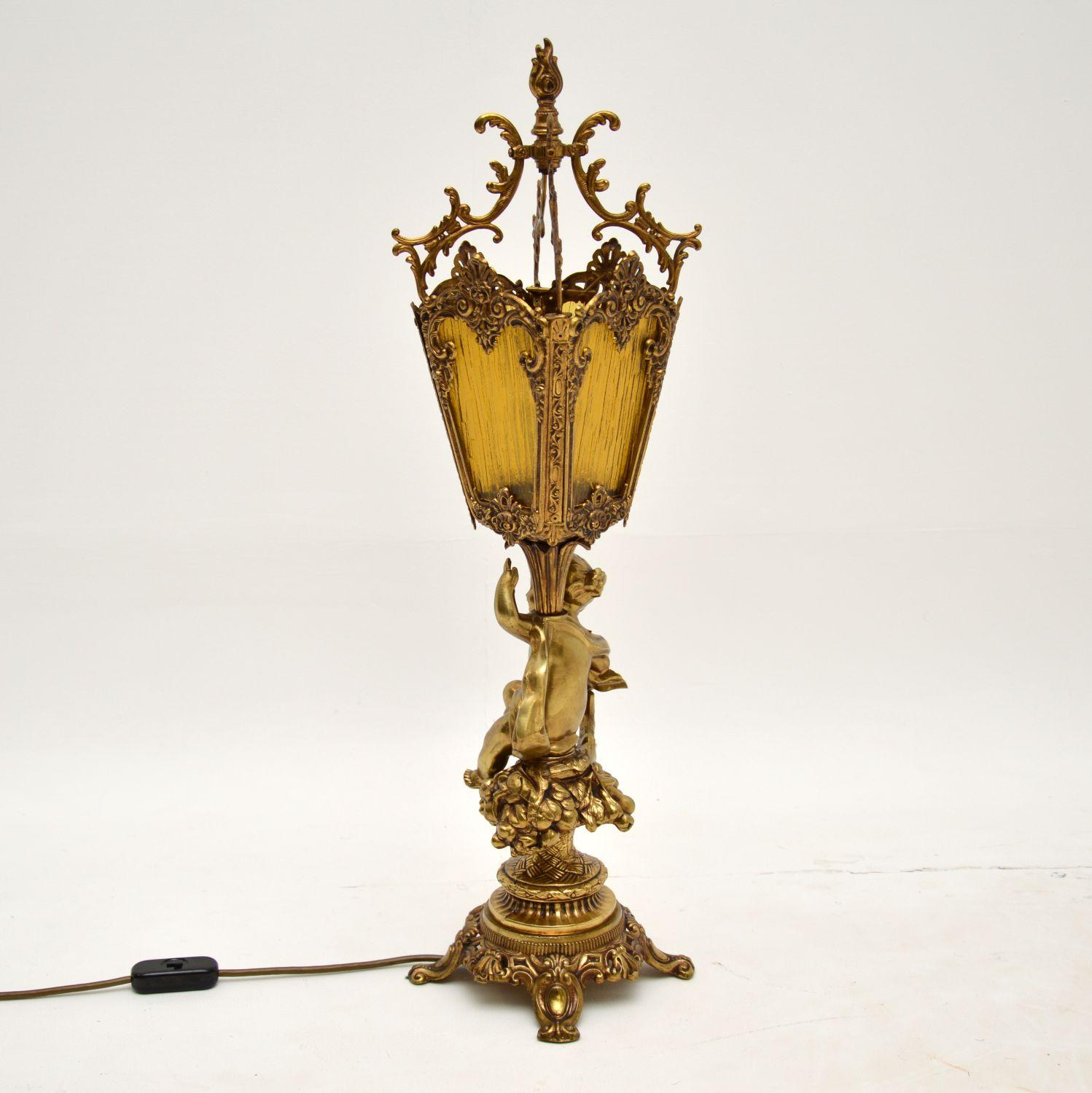 Antique French Gilt Metal and Glass Cherub Table Lamp 4