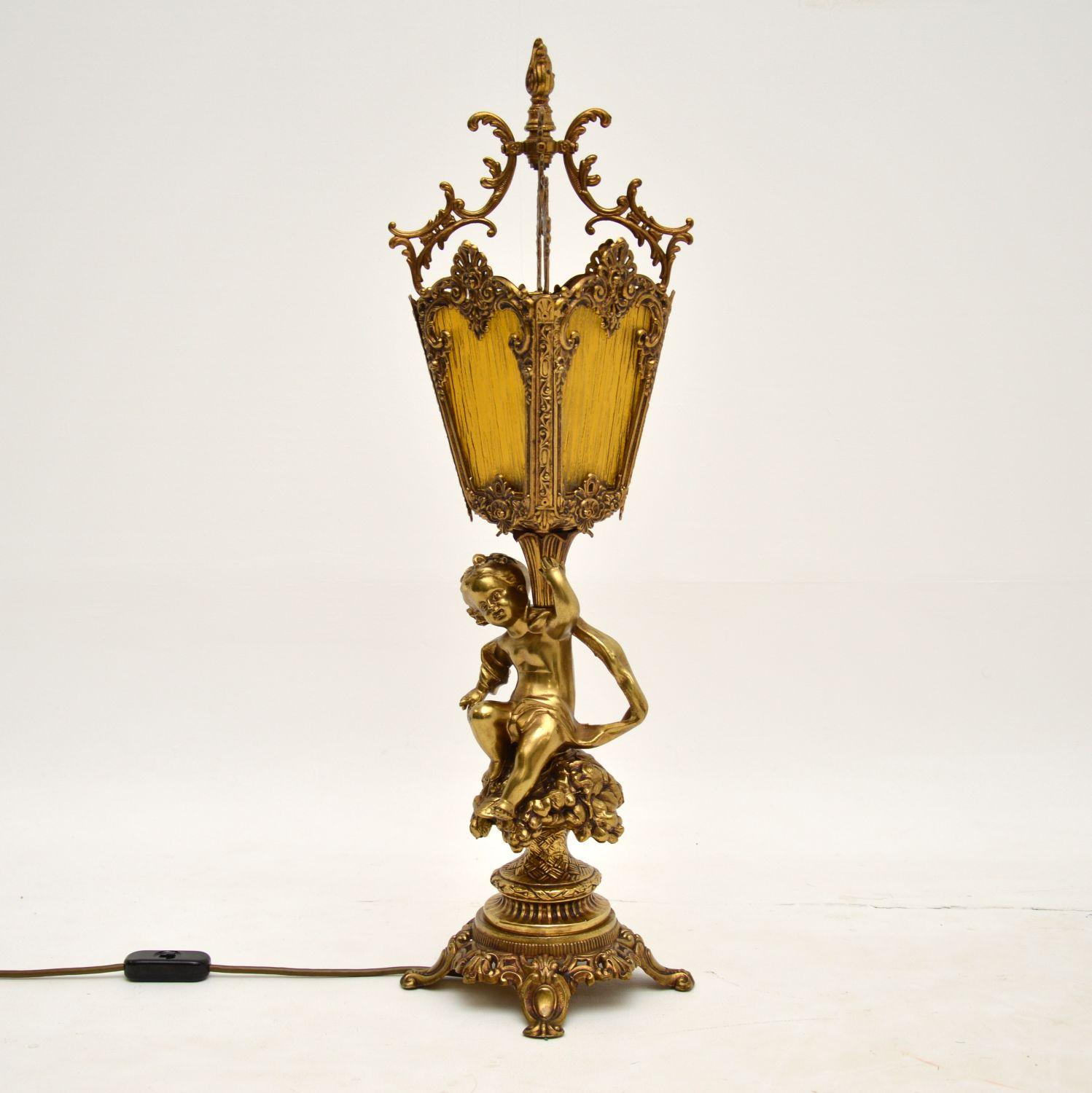 Antique French Gilt Metal and Glass Cherub Table Lamp 1
