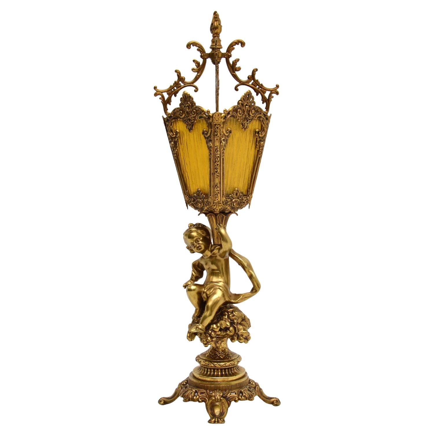Antique French Gilt Metal and Glass Cherub Table Lamp