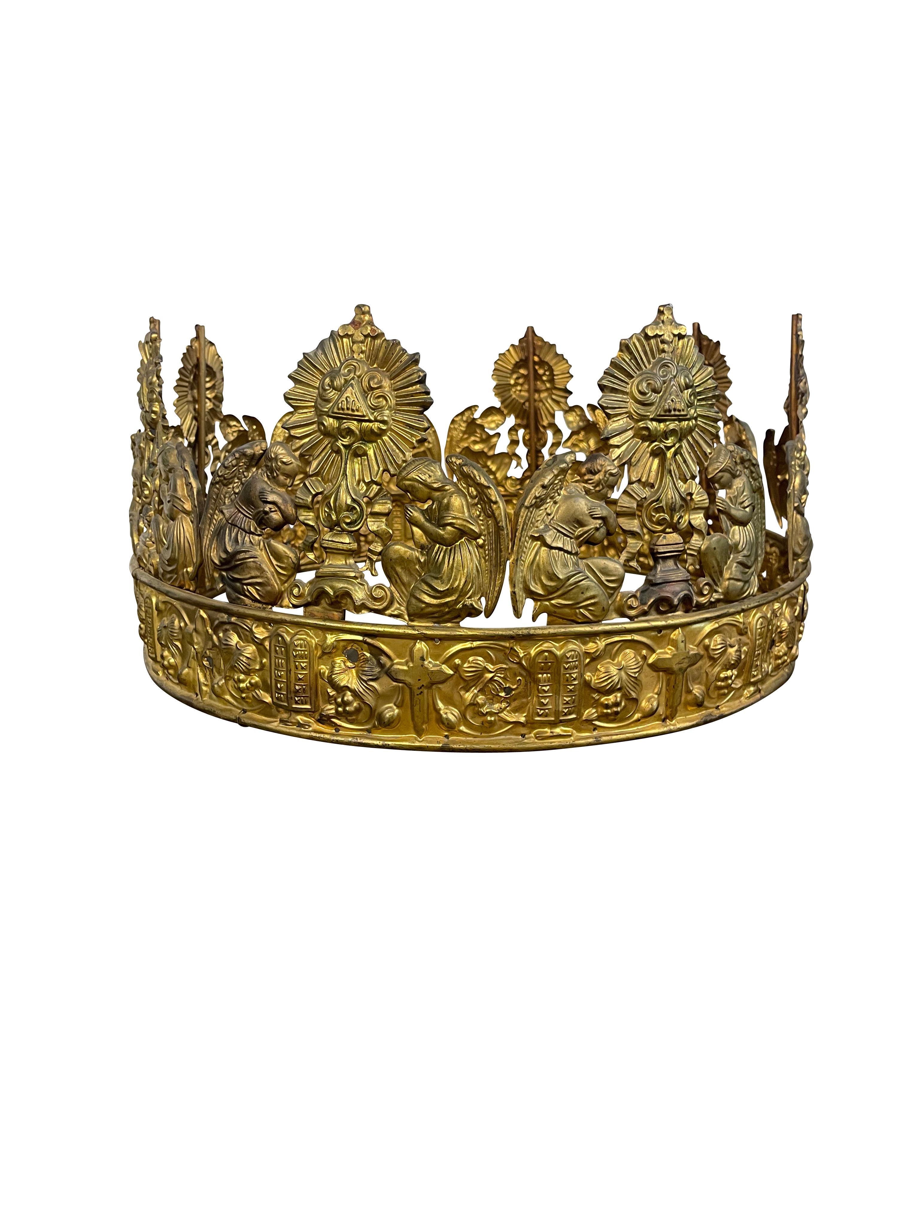 19th Century French baptismal crown. It is an unusually large size—some pitting to the metal but a beautiful gilt patina.  The possibilities are endless for decoration as a child's bed crown with tulle or in an adult bedroom with fabulous fabric. 