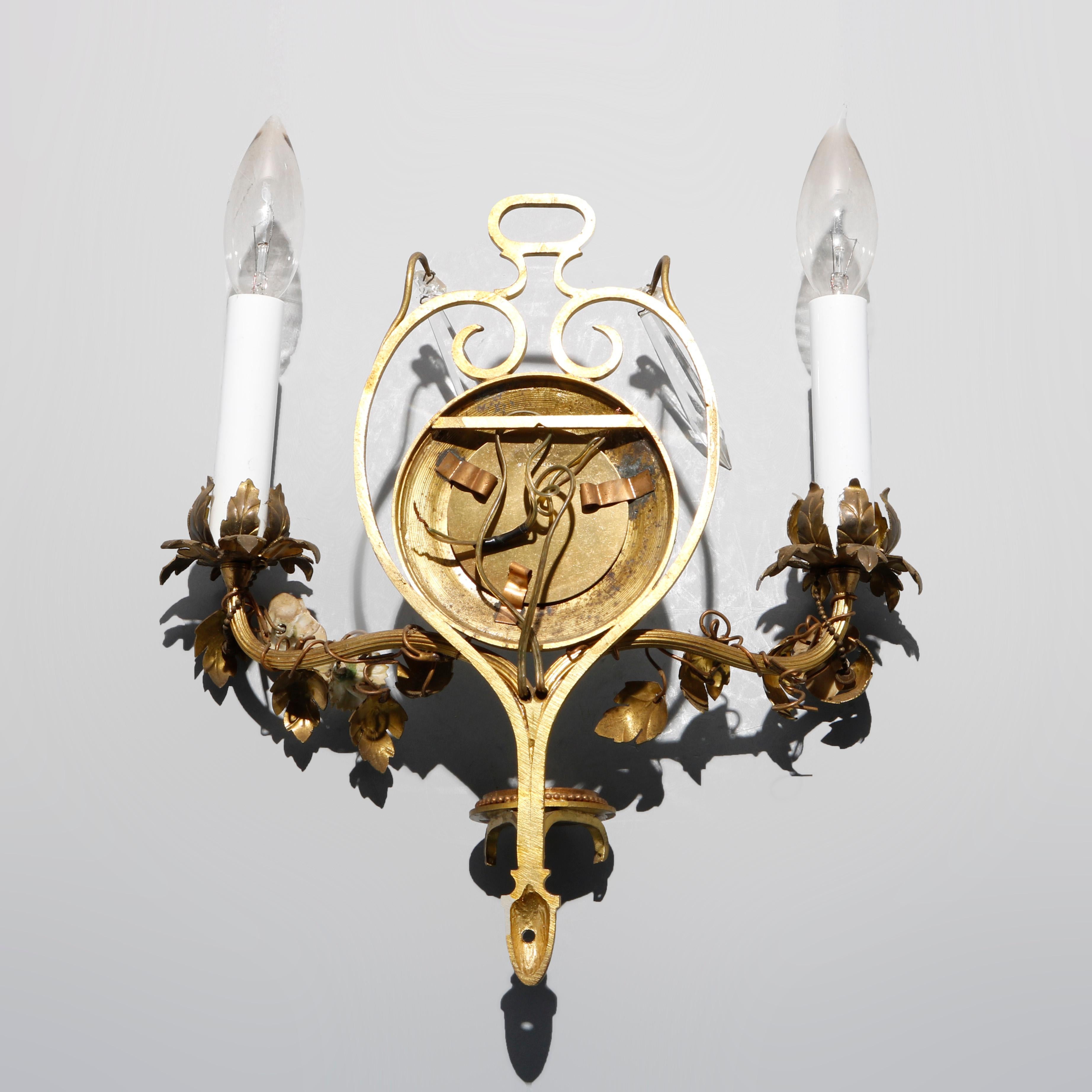 Antique French Gilt Metal & Brass Polychromed Mirrored Wall Sconces, circa 1910 5