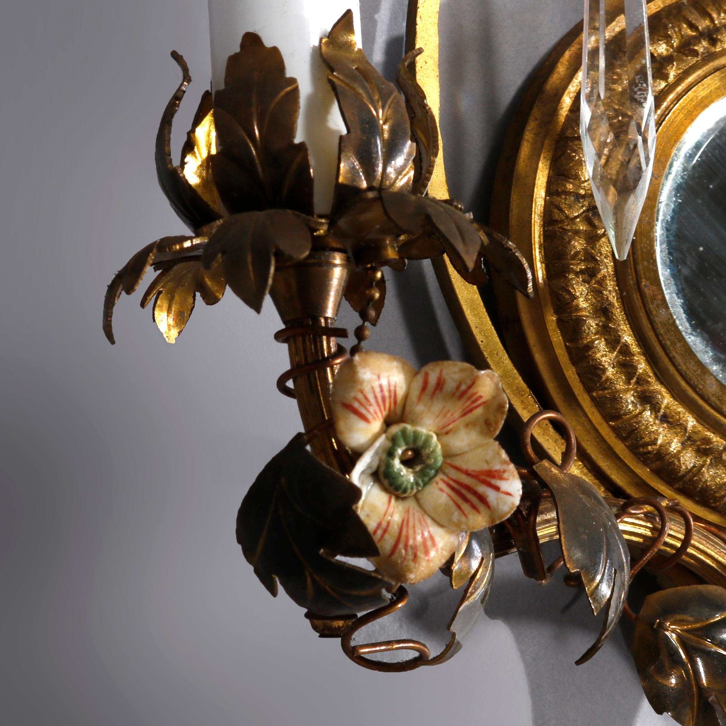 20th Century Antique French Gilt Metal & Brass Polychromed Mirrored Wall Sconces, circa 1910