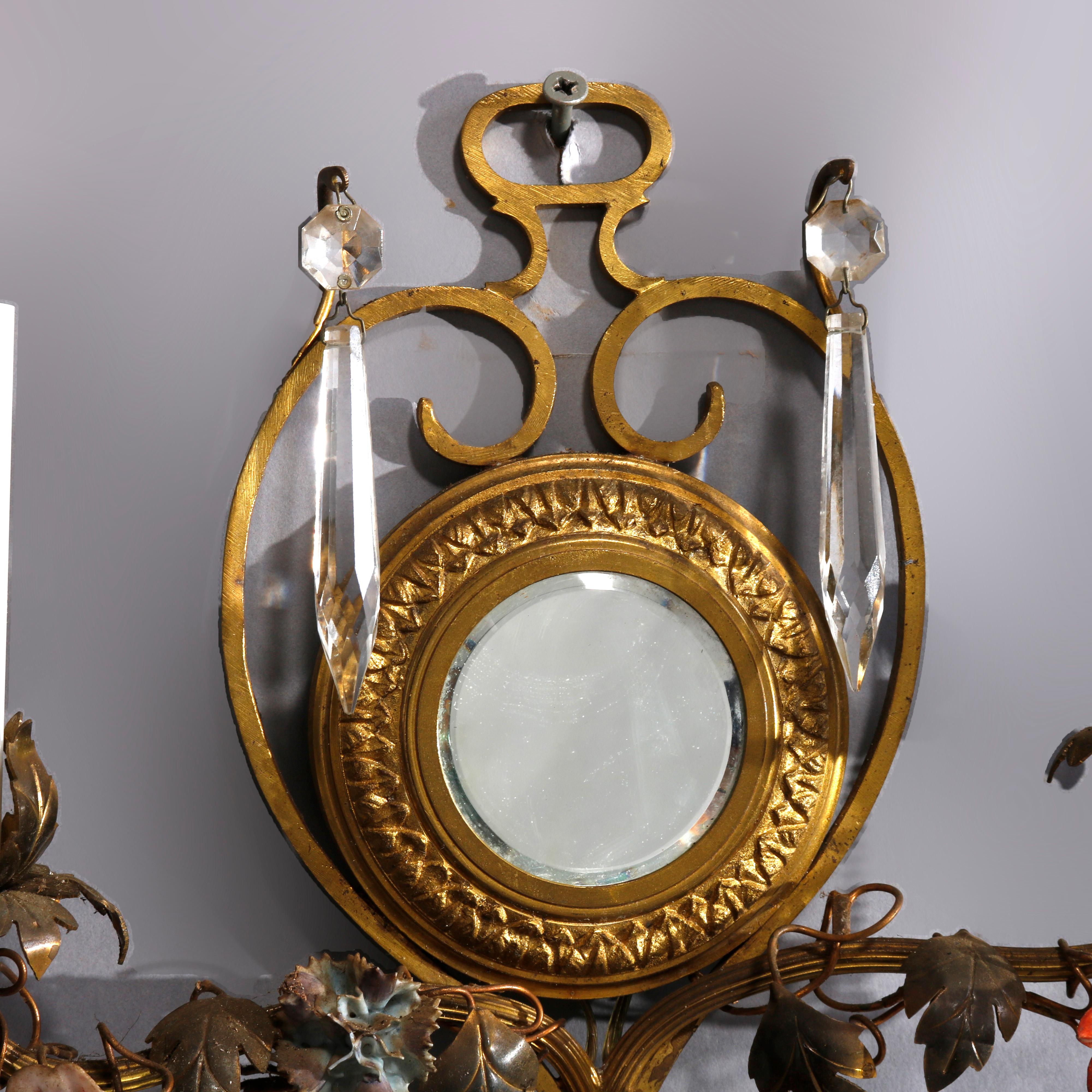 Antique French Gilt Metal & Brass Polychromed Mirrored Wall Sconces, circa 1910 3