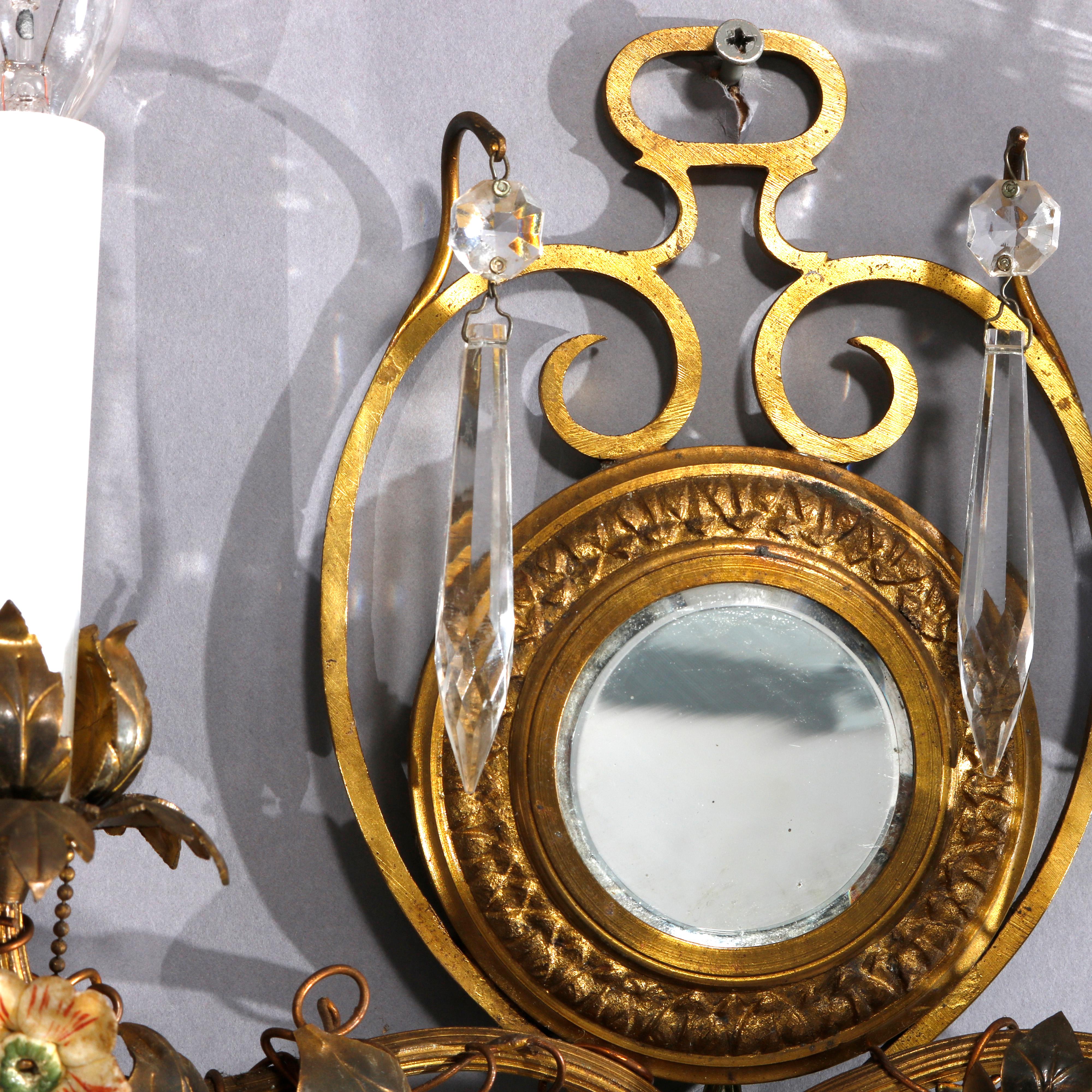 Antique French Gilt Metal & Brass Polychromed Mirrored Wall Sconces, circa 1910 4