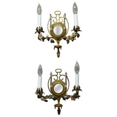Antique French Gilt Metal & Brass Polychromed Mirrored Wall Sconces, circa 1910
