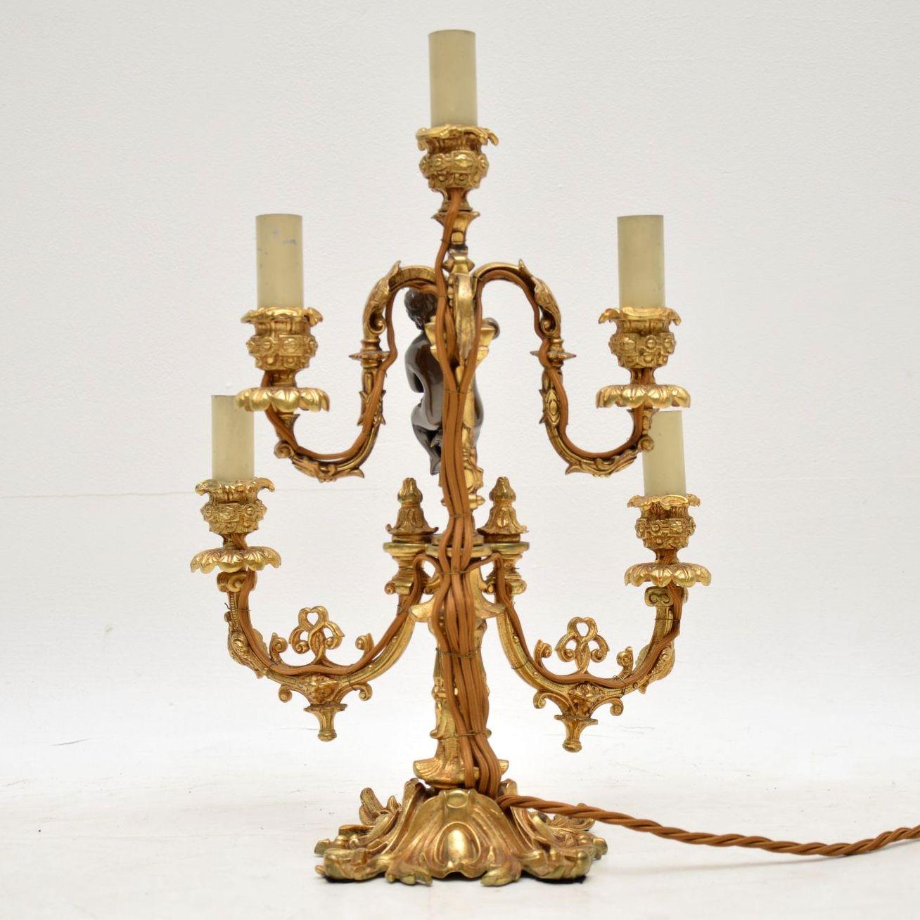 Louis XV Antique French Gilt Metal Candelabra Table Lamp