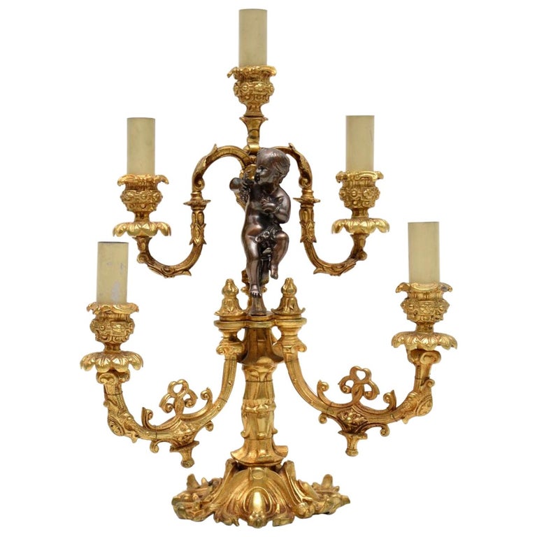 Antique French Gilt Metal Candelabra, Antique Candelabra Table Lamp