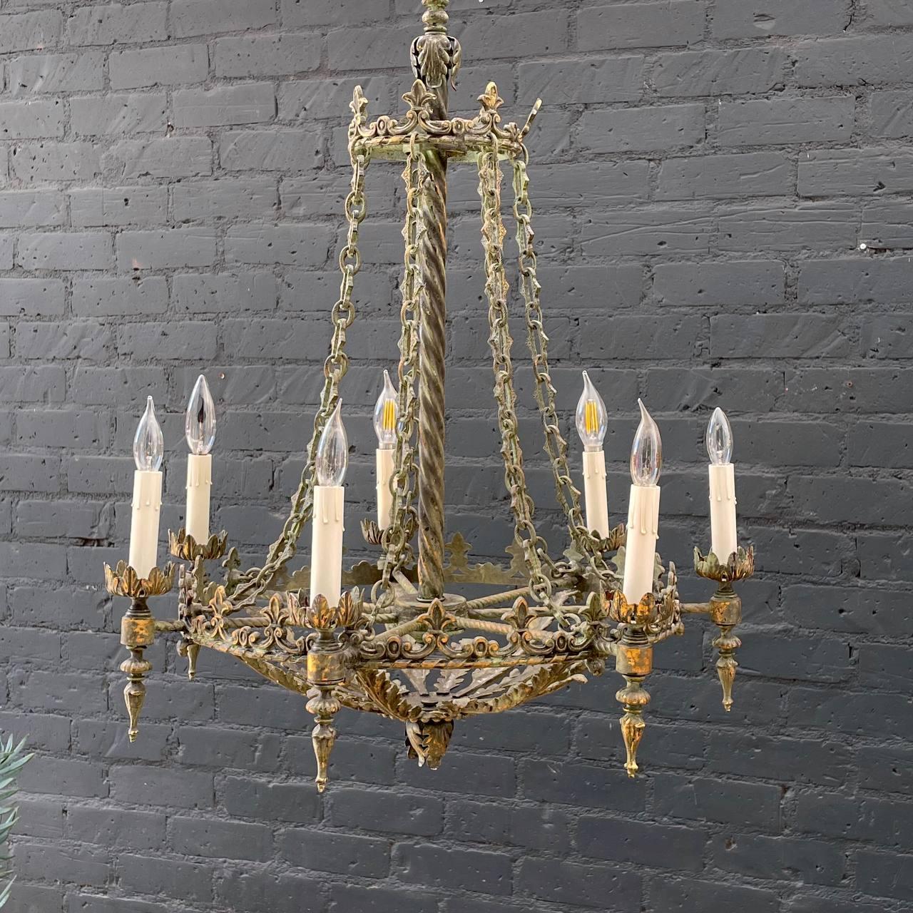 Gothic Antique French Gilt Metal Chandelier For Sale