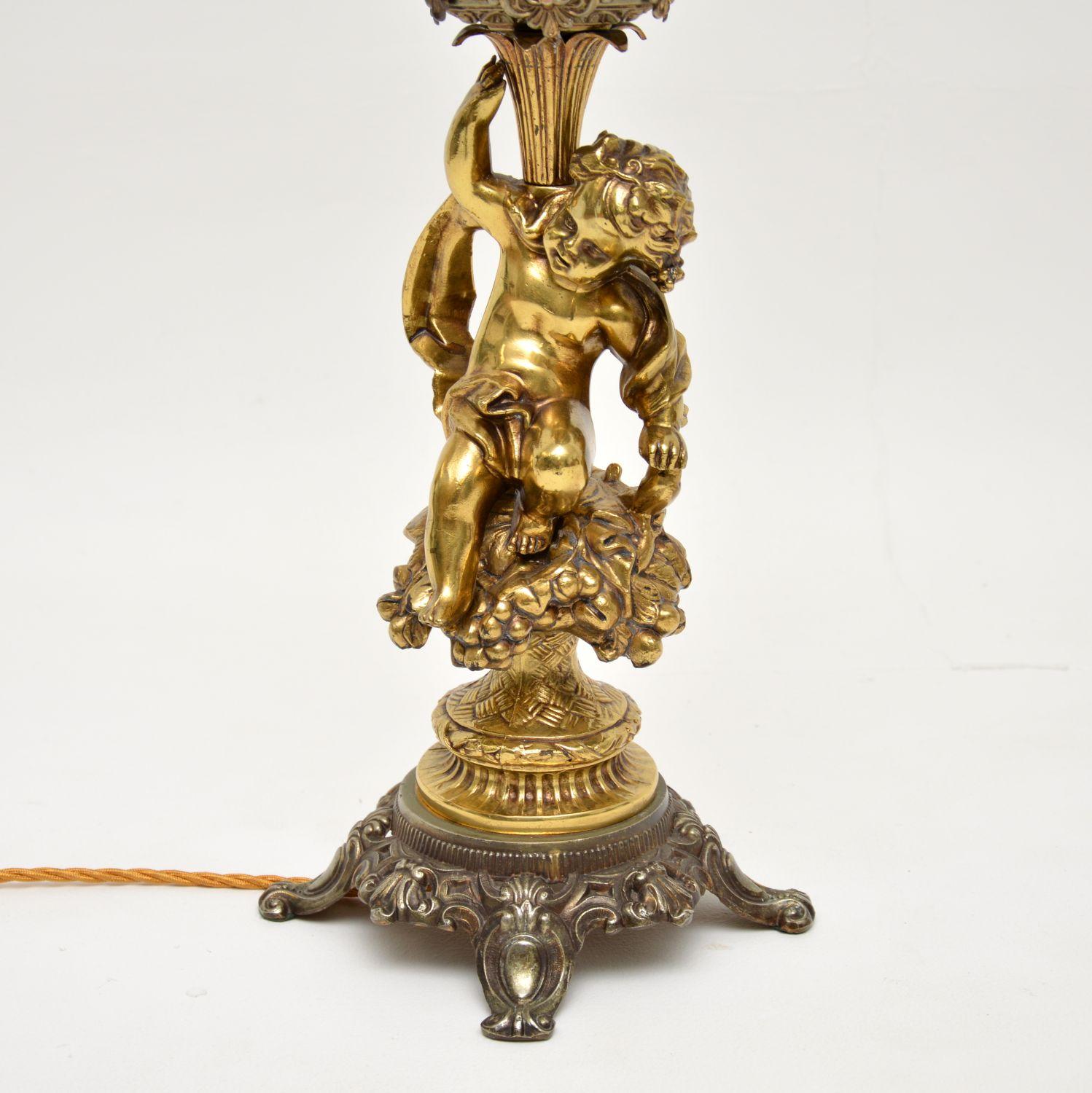 Louis XV Antique French Gilt Metal & Glass Cherub Lamp For Sale