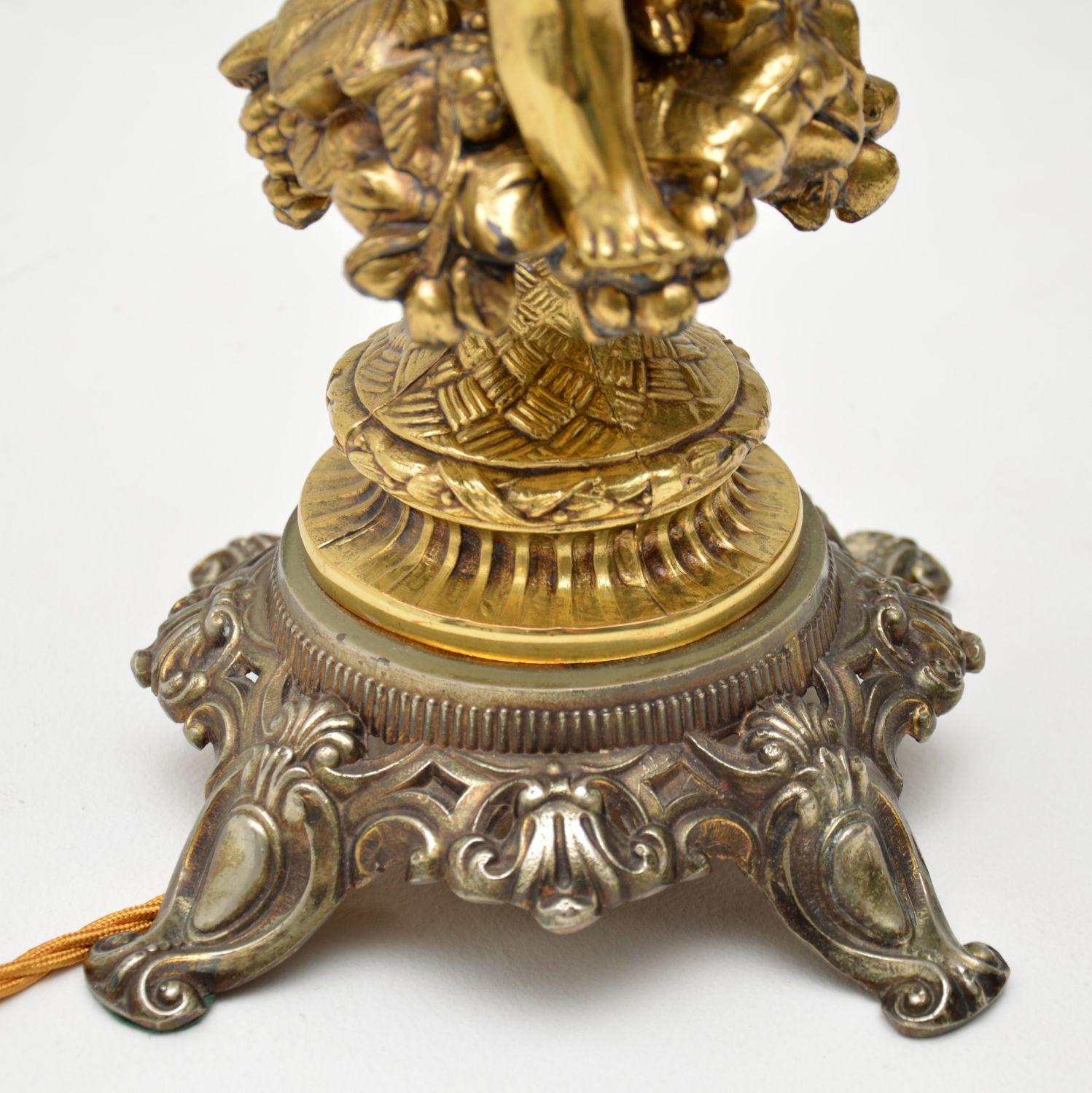 20th Century Antique French Gilt Metal & Glass Cherub Lamp For Sale