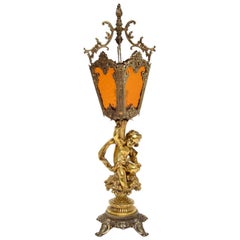Antique French Gilt Metal & Glass Cherub Lamp