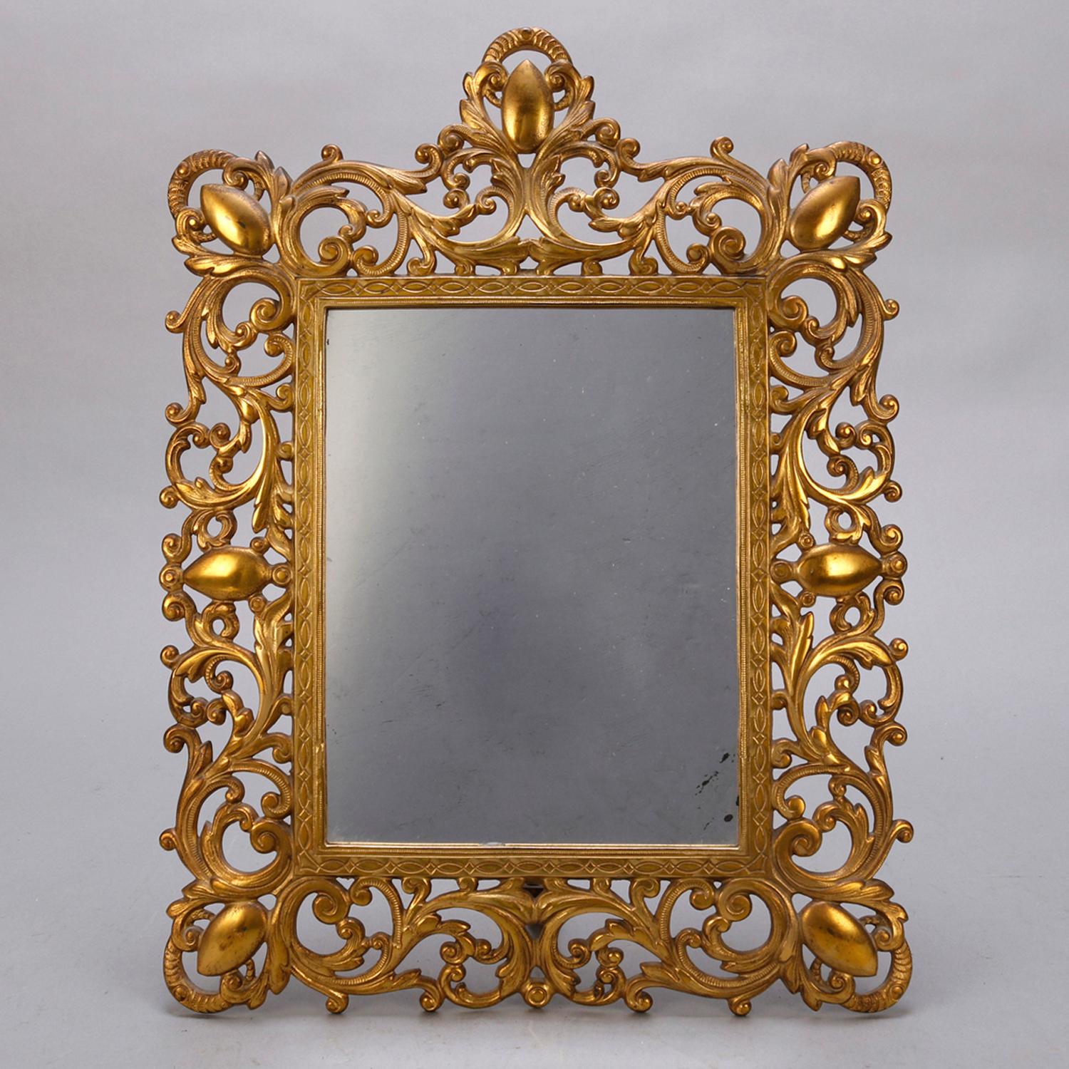 Antique French Gilt Metal Pierced Foliate Table Top Vanity Mirror, circa 1900 In Good Condition In Big Flats, NY