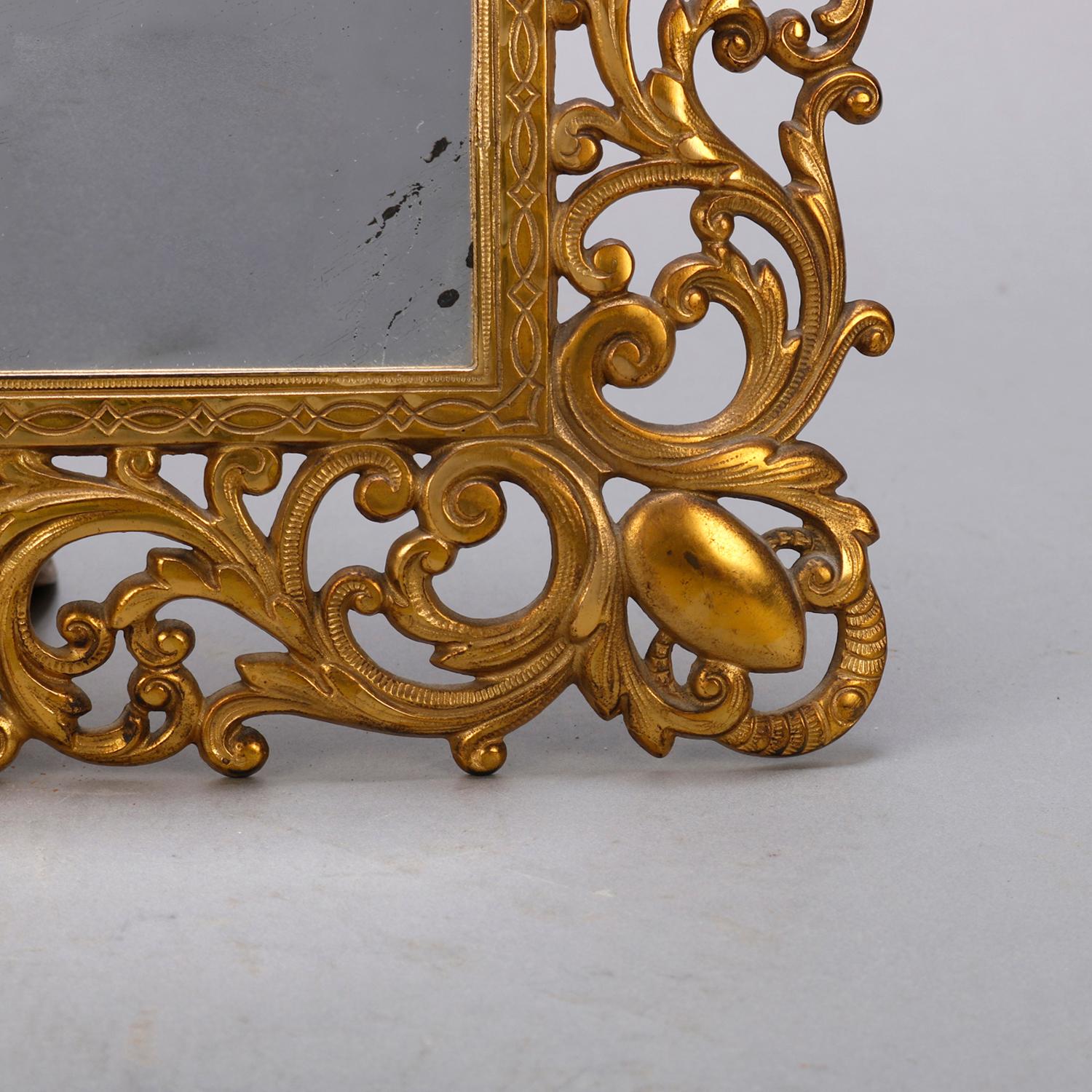 20th Century Antique French Gilt Metal Pierced Foliate Table Top Vanity Mirror, circa 1900