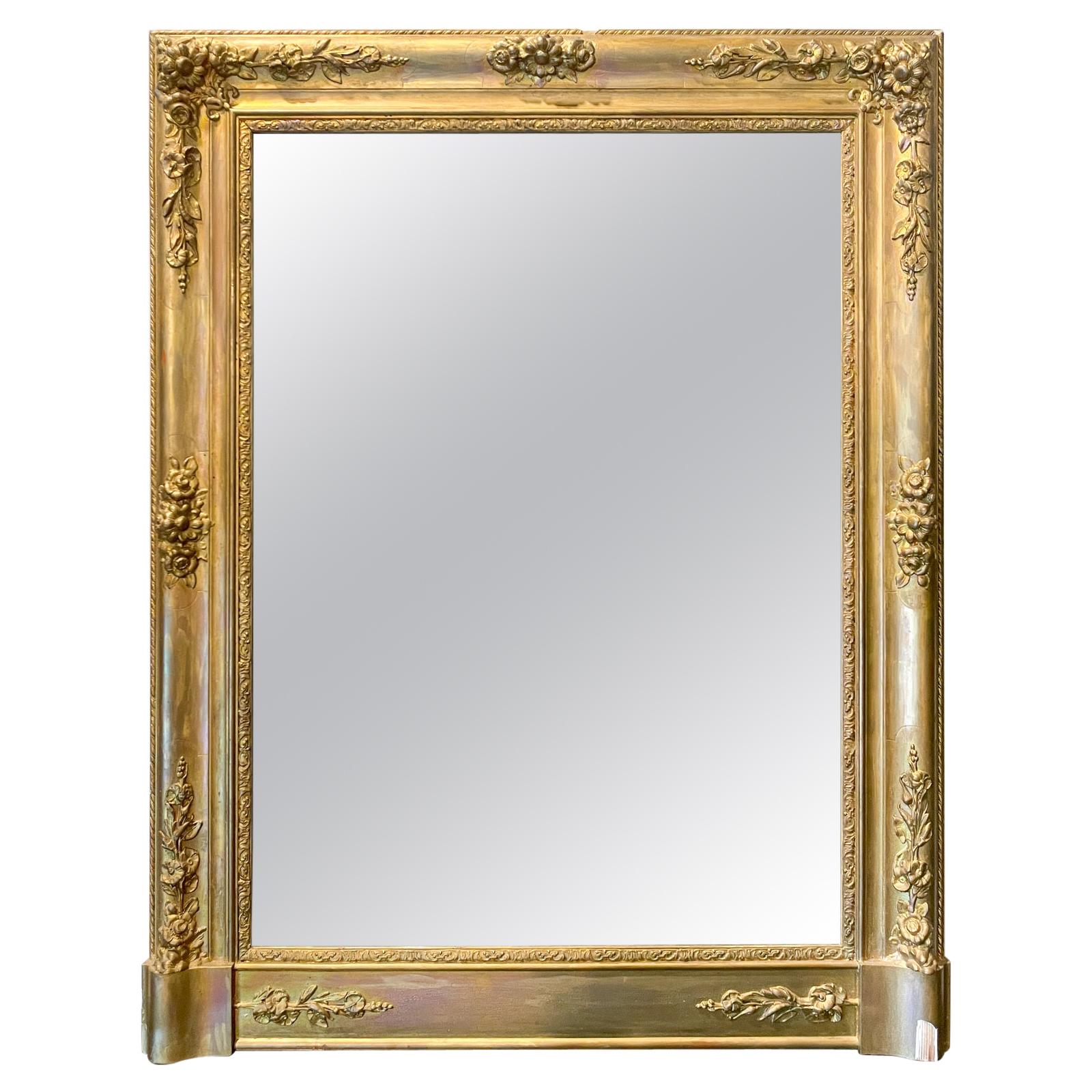 Antique French Gilt Mirror with Floral Detail For Sale