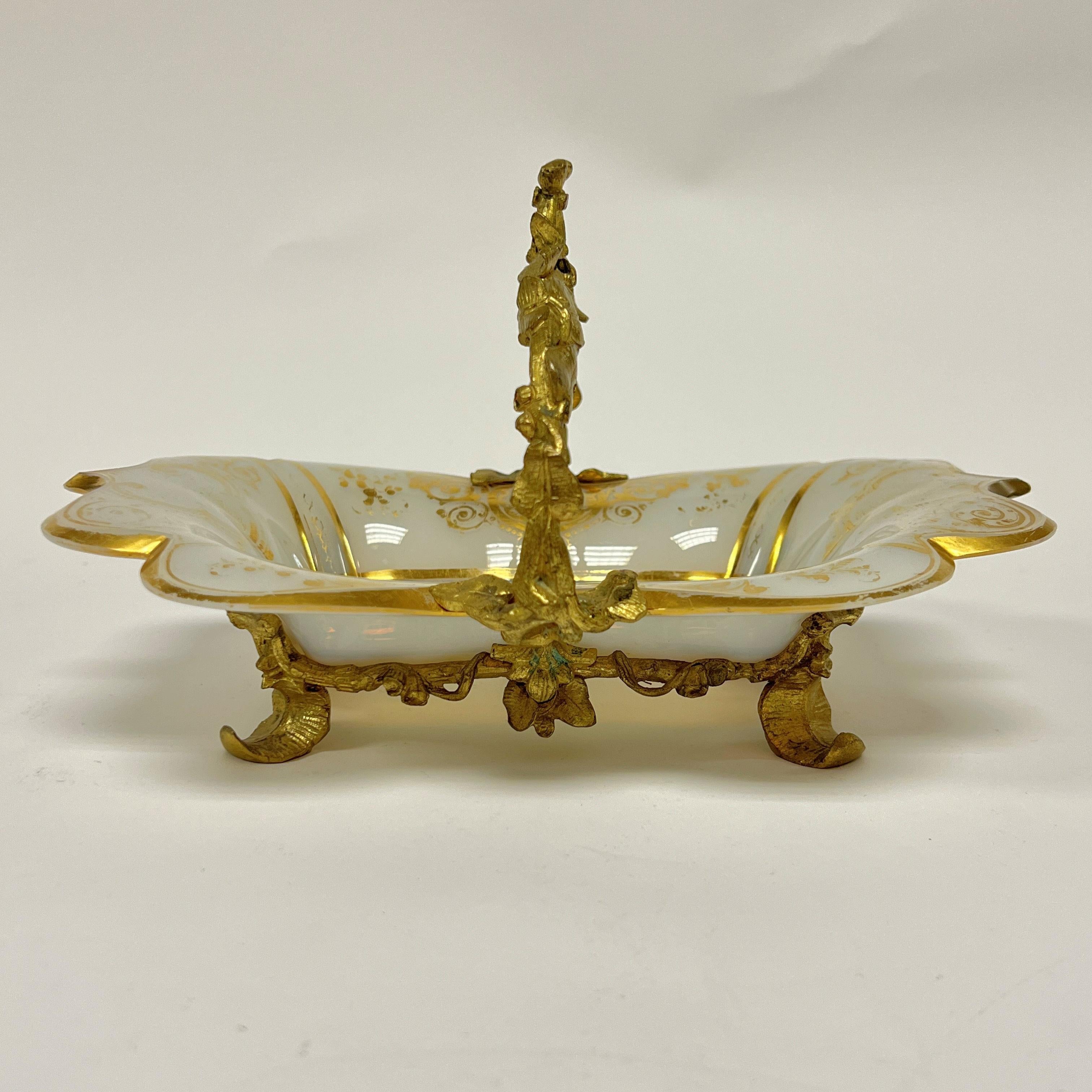 19th Century Antique French Gilt Opaline Bronze Mounted Glass Dish For Sale