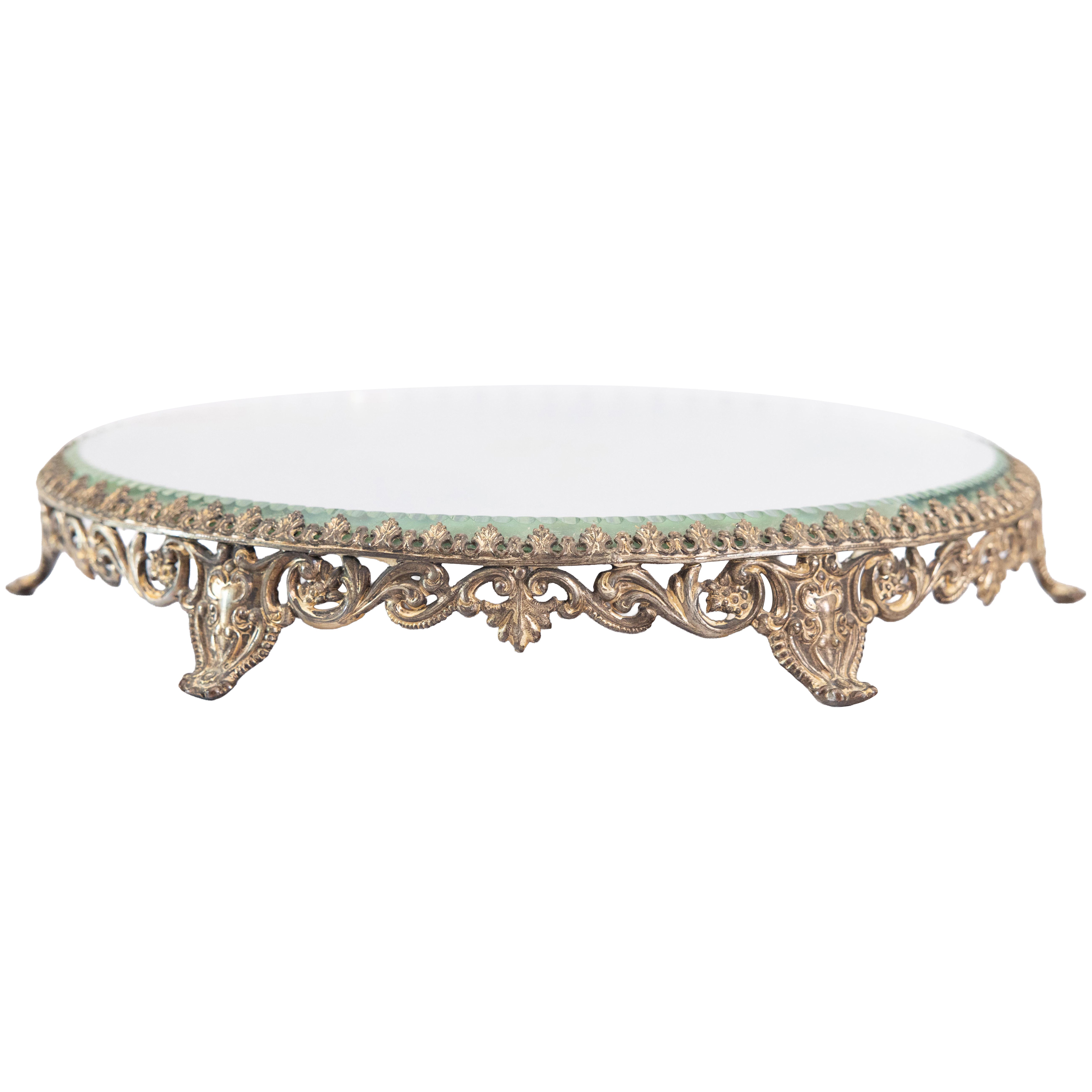 Antique French Gilt Brass Ormolu Round Mirror Plateau, Circa 1920