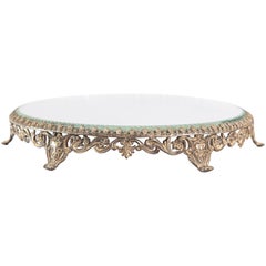 Bandeja redonda antigua francesa con espejo, de ormolu dorado, de alrededor de 1920